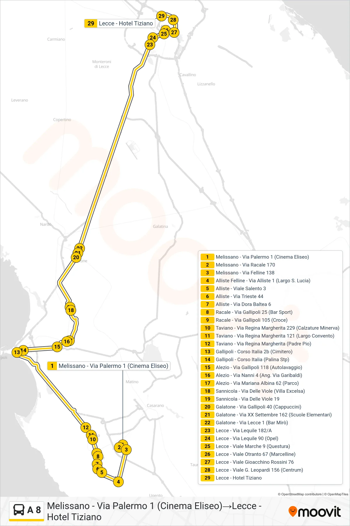 Linea A 8 bus (Melissano - Via Palermo 1 (Cinema Eliseo)→Lecce - Hotel Tiziano) - Percorsi e fermate sulla mappa