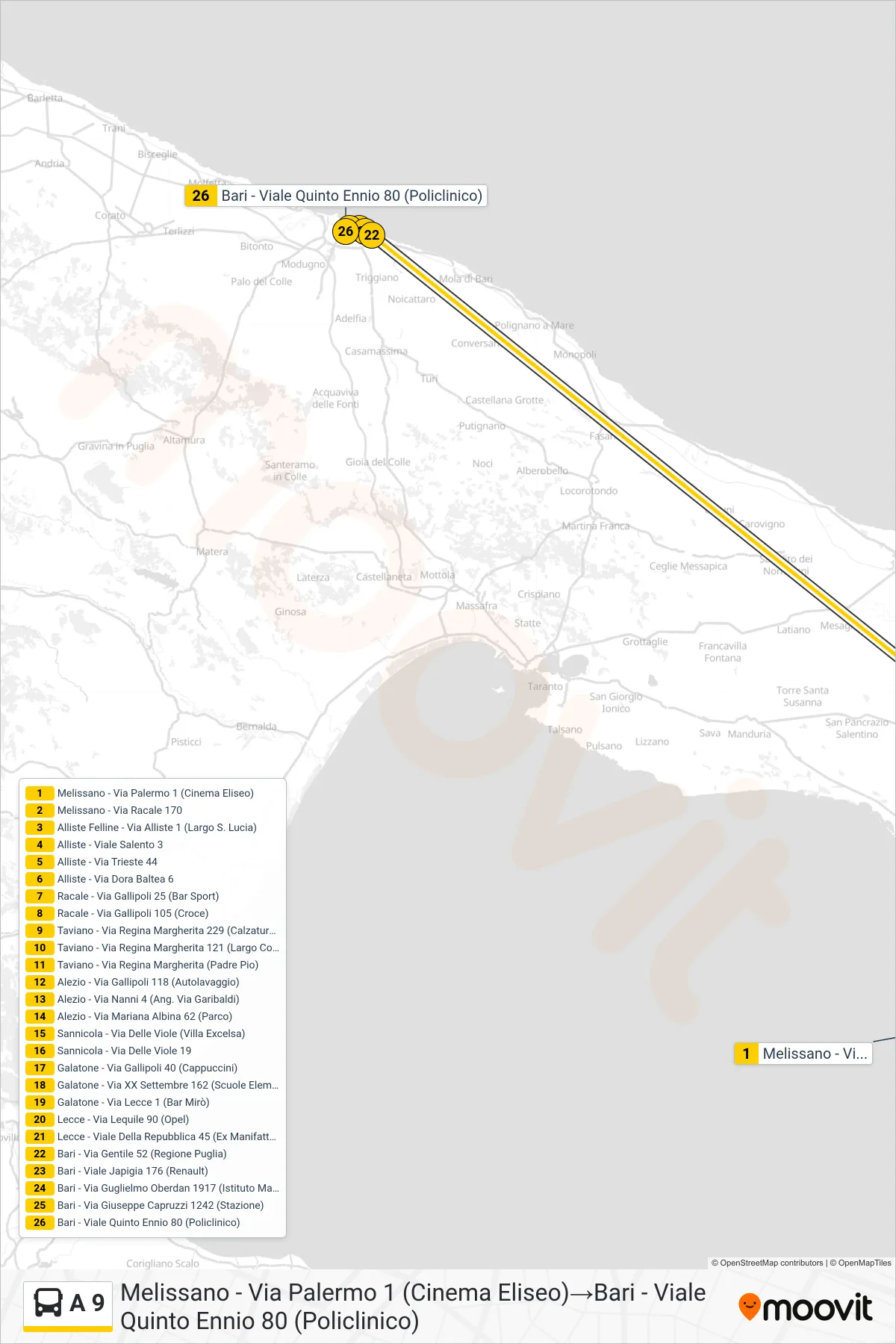 Linea A 9  bus (Melissano - Via Palermo 1 (Cinema Eliseo)‎→Bari - Viale Quinto Ennio 80 (Policlinico)) - Percorsi e fermate sulla mappa