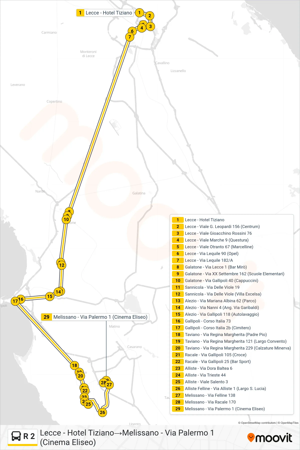 Linea R 2 bus (Lecce - Hotel Tiziano→Melissano - Via Palermo 1 (Cinema Eliseo)) - Percorsi e fermate sulla mappa