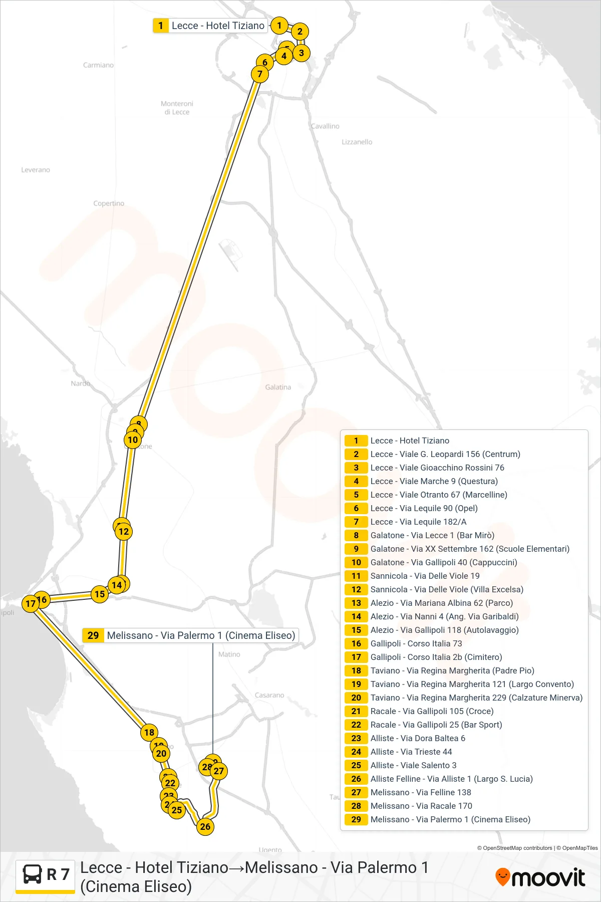 Linea R 7  bus (Lecce - Hotel Tiziano‎→Melissano - Via Palermo 1 (Cinema Eliseo)) - Percorsi e fermate sulla mappa