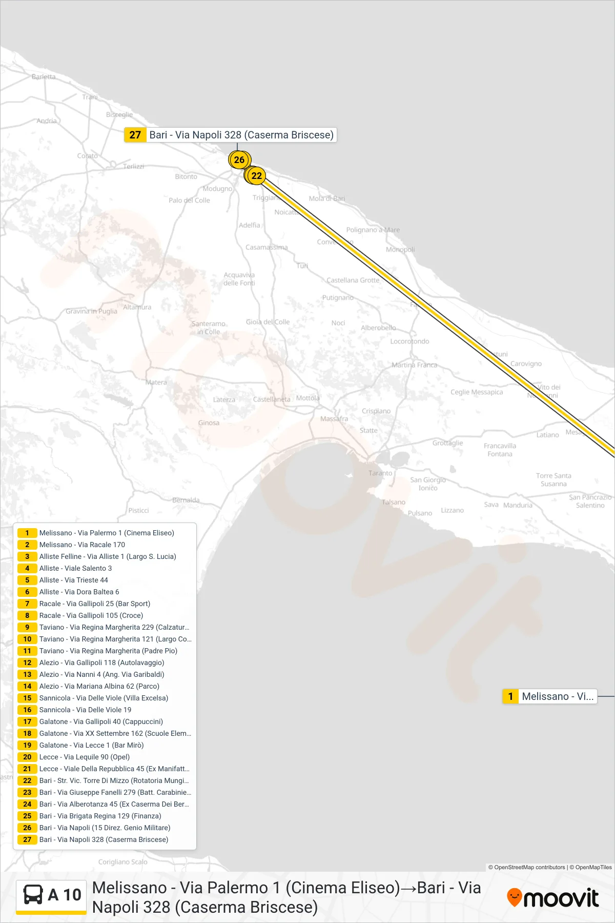 Linea A 10 bus (Melissano - Via Palermo 1 (Cinema Eliseo)→Bari - Via Napoli 328 (Caserma Briscese)) - Percorsi e fermate sulla mappa