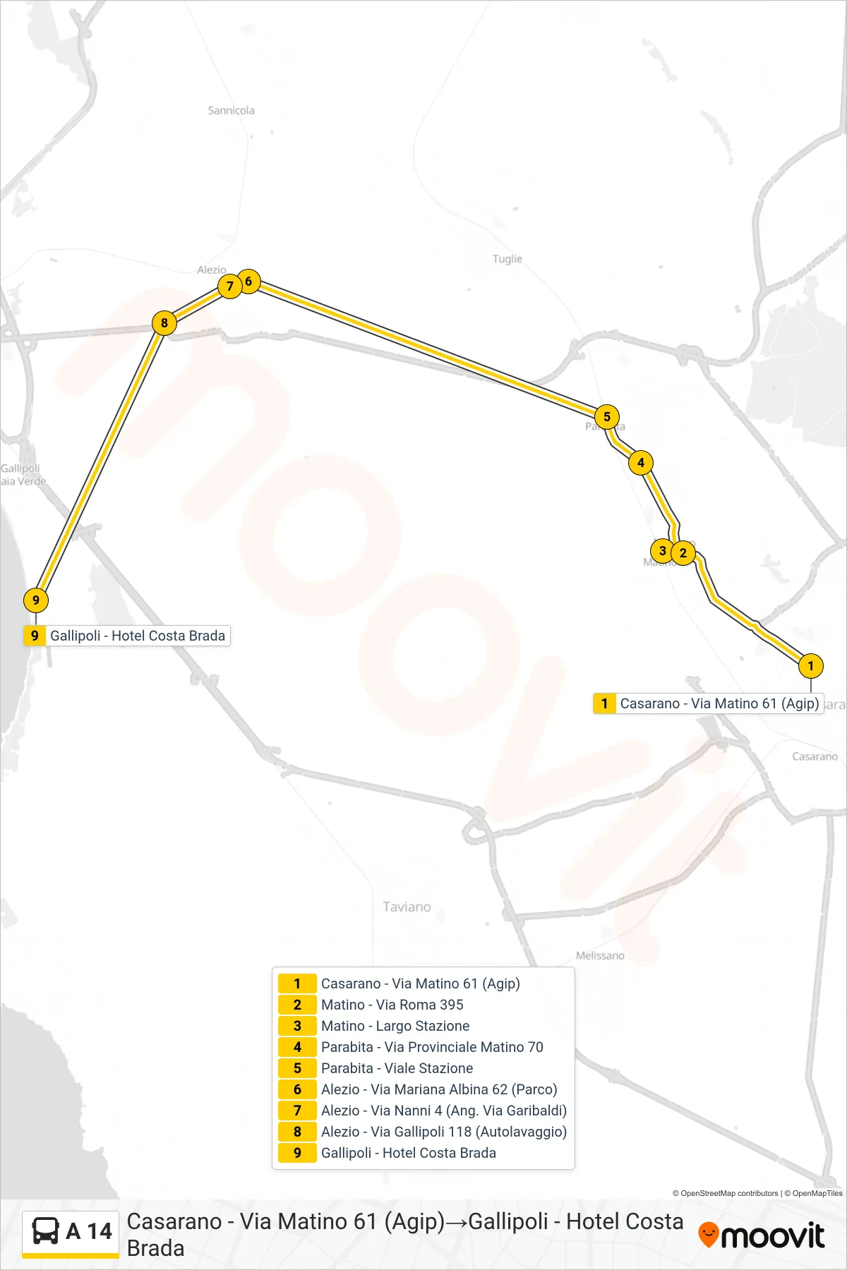 Linea A 14  bus (Casarano - Via Matino 61 (Agip)‎→Gallipoli - Hotel Costa Brada) - Percorsi e fermate sulla mappa