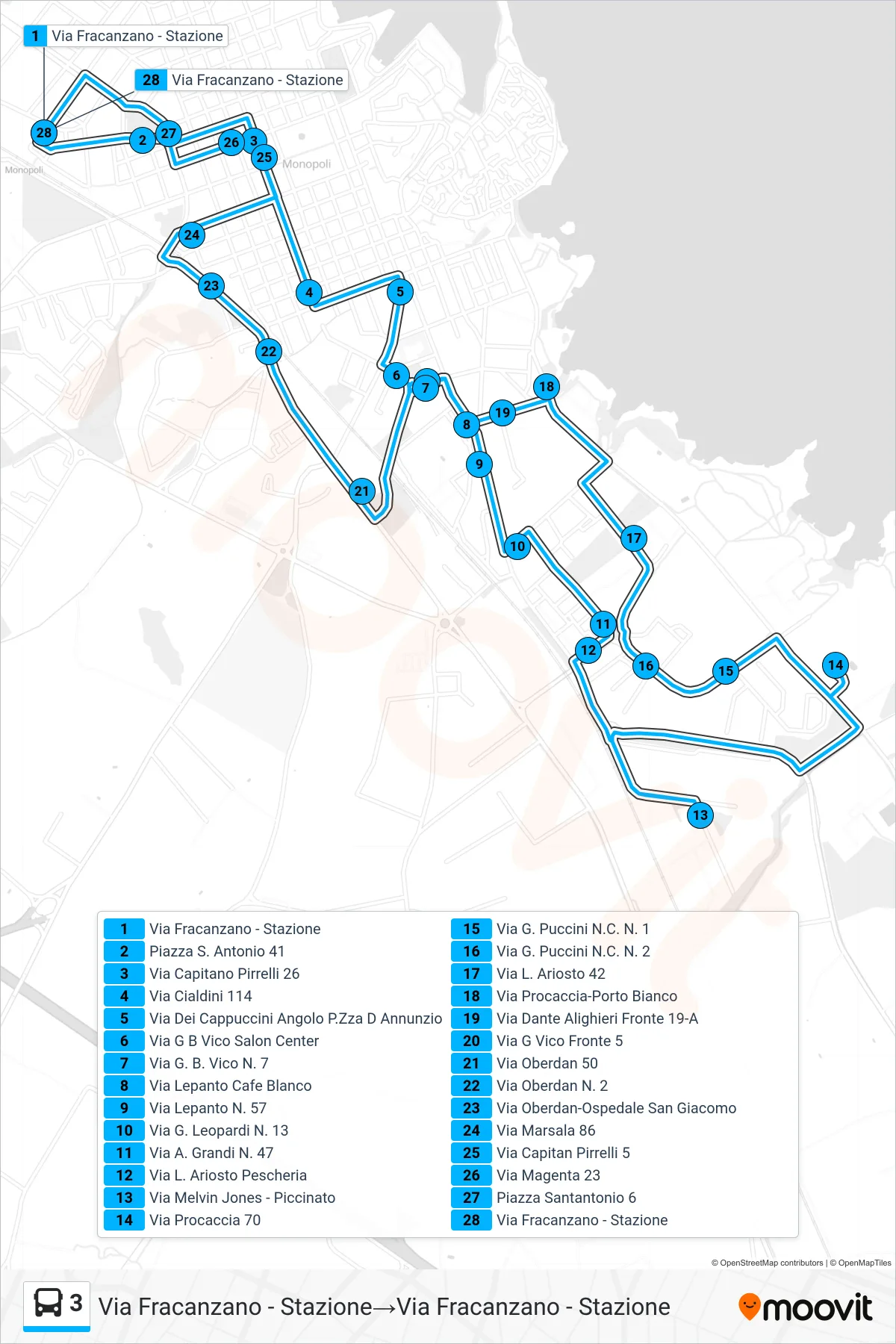 Linea 3 tram (Via Fracanzano - Stazione→Via Fracanzano - Stazione) - Percorsi e fermate sulla mappa