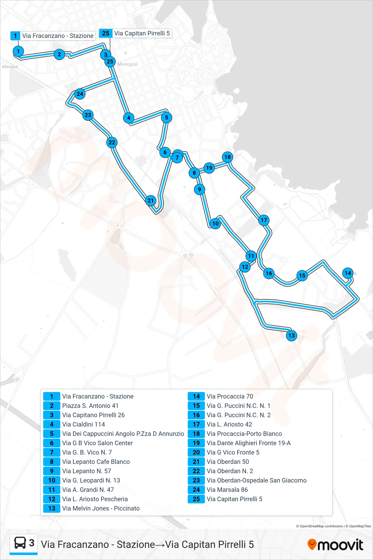 Linea 3  tram (Via Fracanzano - Stazione‎→Via Capitan Pirrelli 5) - Percorsi e fermate sulla mappa