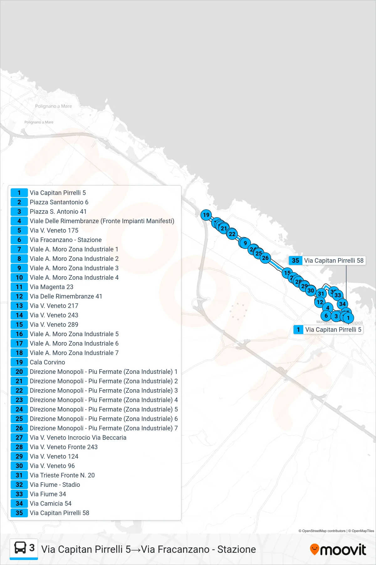 Linea 3 tram (Via Capitan Pirrelli 5→Via Fracanzano - Stazione) - Percorsi e fermate sulla mappa