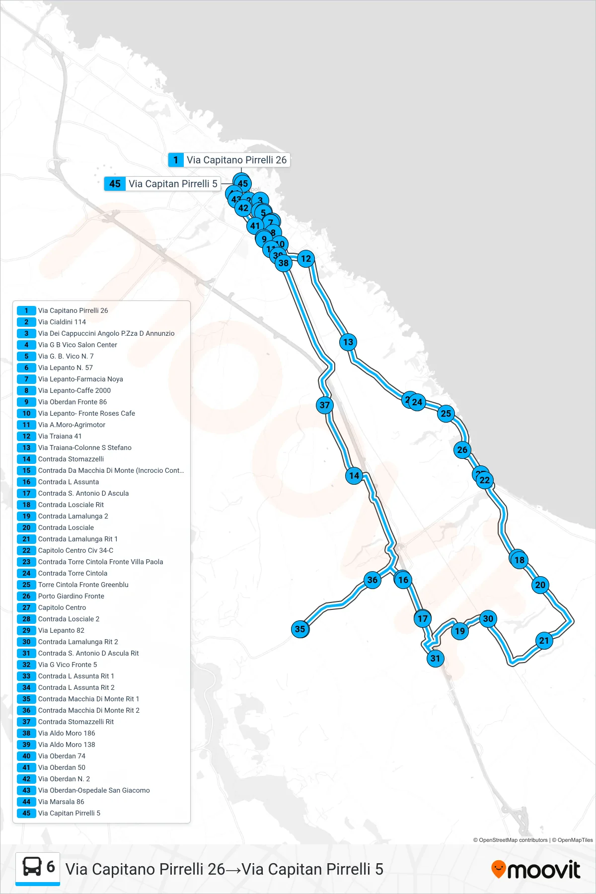 Linea 6  tram (Via Capitano Pirrelli 26‎→Via Capitan Pirrelli 5) - Percorsi e fermate sulla mappa