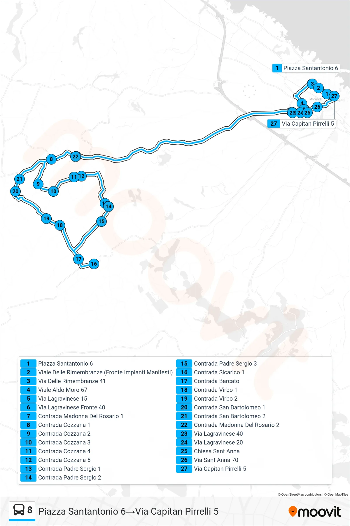 Linea 8 tram (Piazza Santantonio 6→Via Capitan Pirrelli 5) - Percorsi e fermate sulla mappa