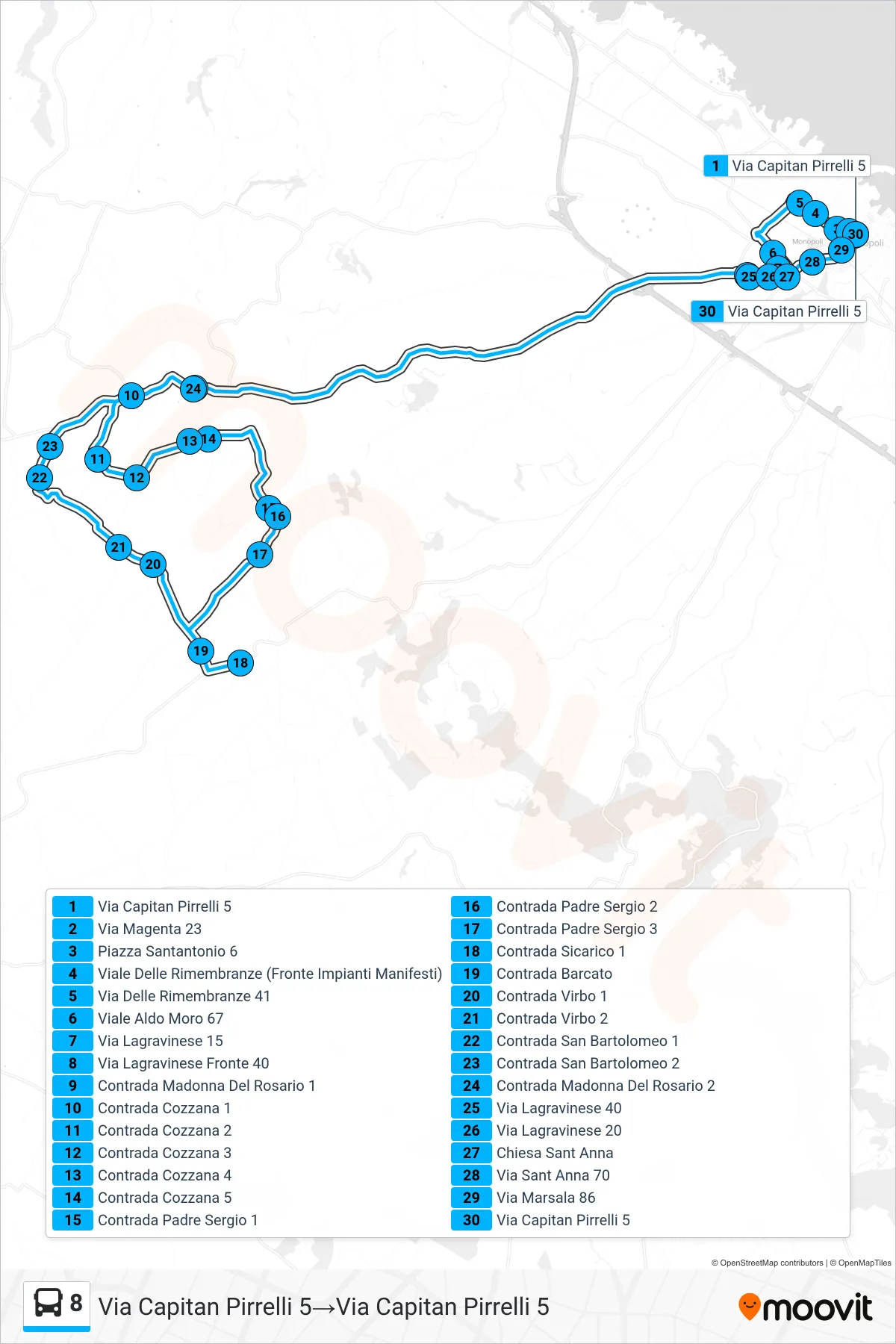 Linea 8 tram (Via Capitan Pirrelli 5→Via Capitan Pirrelli 5) - Percorsi e fermate sulla mappa