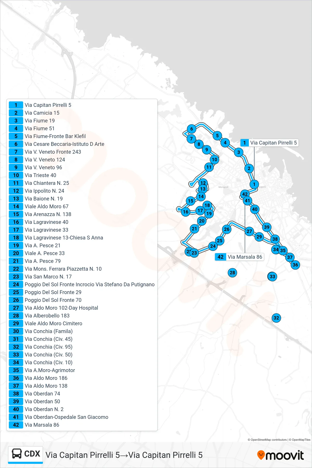 Linea CDX  tram (Via Capitan Pirrelli 5‎→Via Capitan Pirrelli 5) - Percorsi e fermate sulla mappa