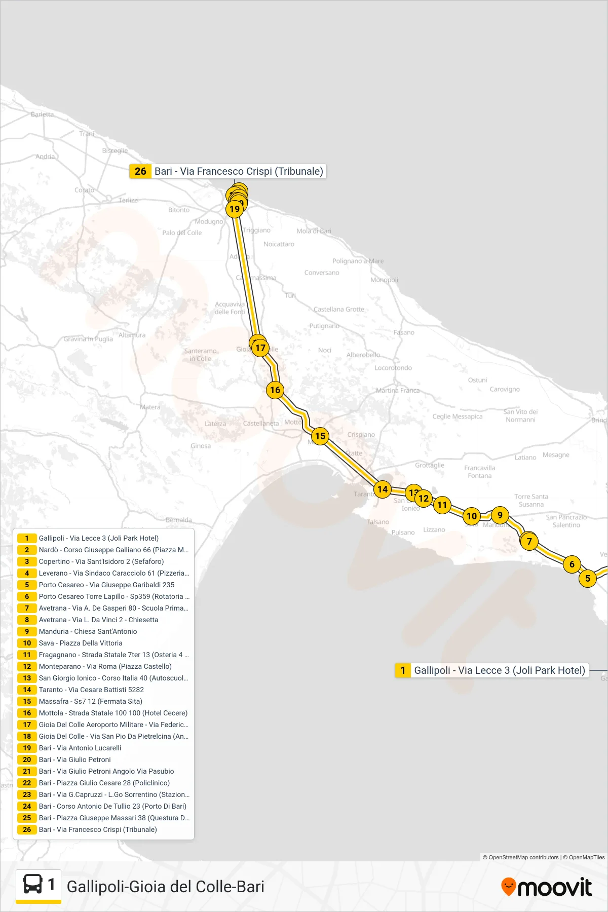 Linea 1 bus (Gallipoli - Via Lecce 3 (Joli Park Hotel)→Bari - Via Francesco Crispi (Tribunale)) - Percorsi e fermate sulla mappa