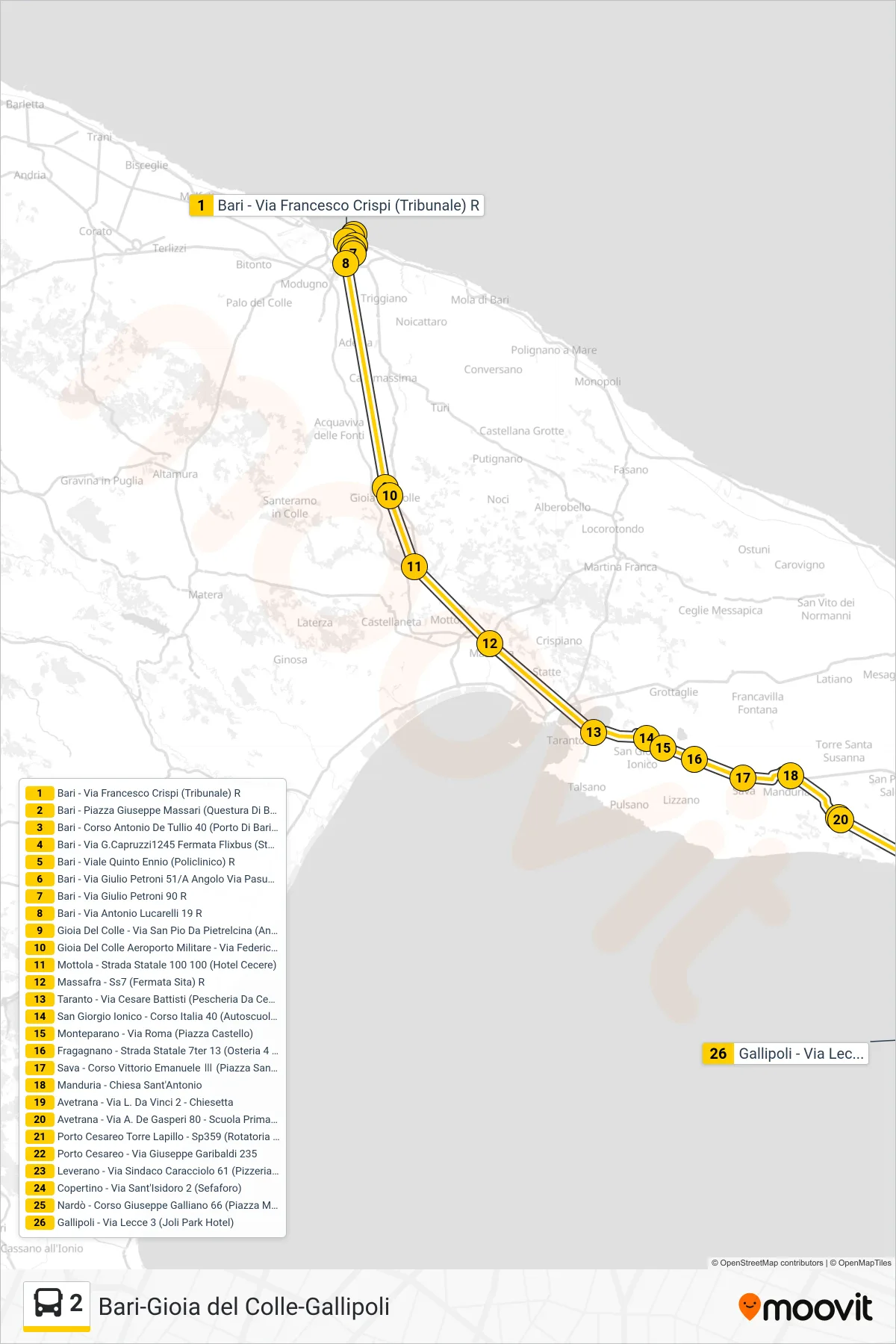 Linea 2 bus (Bari - Via Francesco Crispi (Tribunale) R→Gallipoli - Via Lecce 3 (Joli Park Hotel)) - Percorsi e fermate sulla mappa