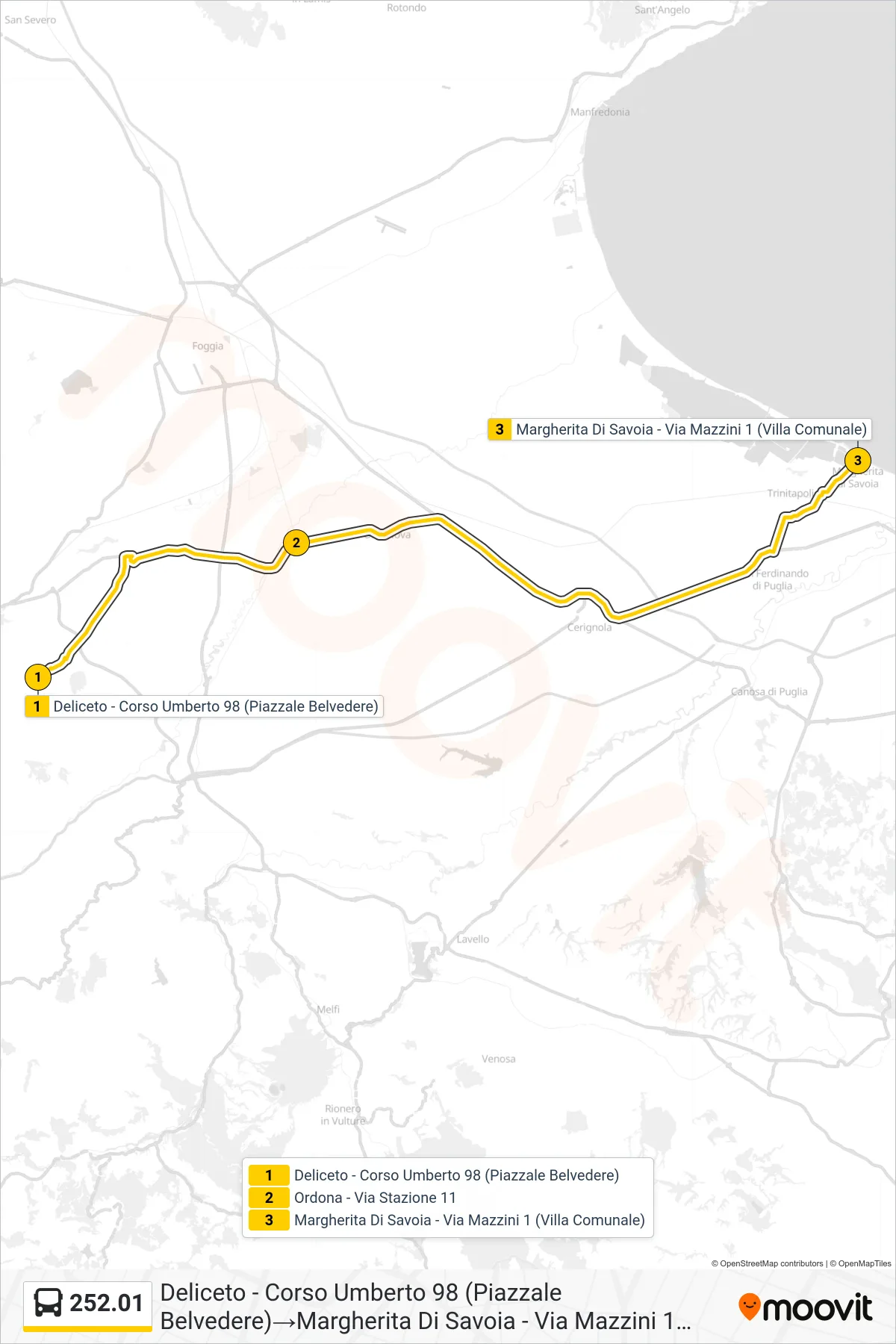Linea 252.01 bus (Deliceto - Corso Umberto 98 (Piazzale Belvedere)→Margherita Di Savoia - Via Mazzini 1 (Villa Comunale)) - Percorsi e fermate sulla mappa