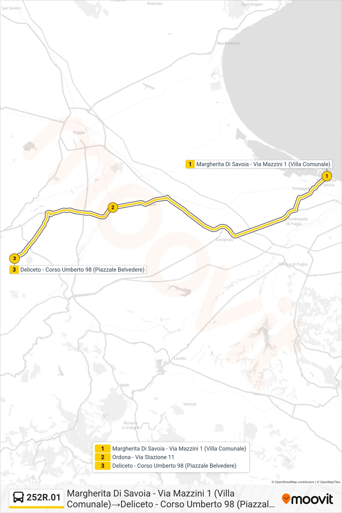Linea 252R.01 bus (Margherita Di Savoia - Via Mazzini 1 (Villa Comunale)→Deliceto - Corso Umberto 98 (Piazzale Belvedere)) - Percorsi e fermate sulla mappa
