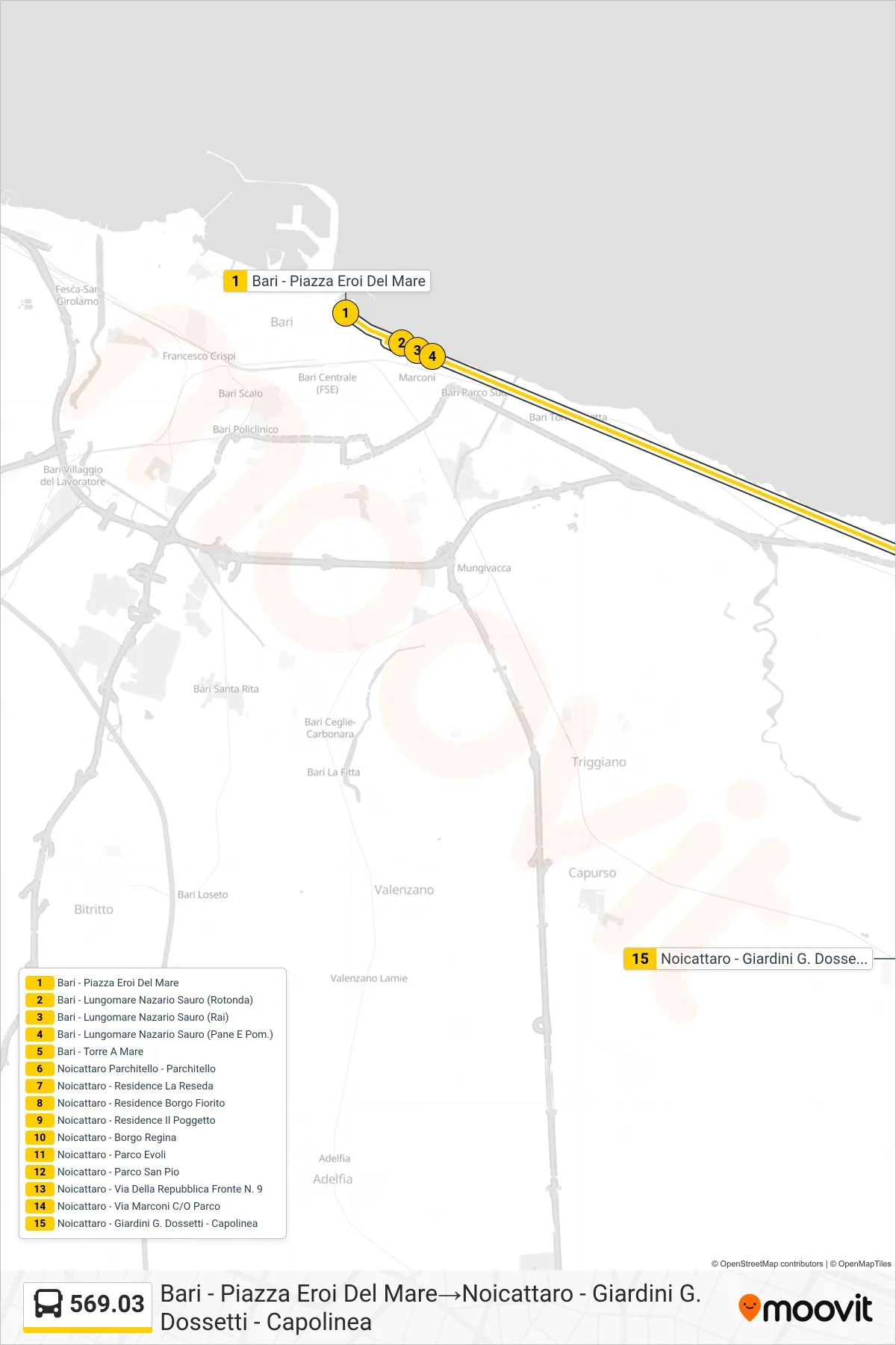 Linea 569.03  bus (Bari - Piazza Eroi Del Mare‎→Noicattaro - Giardini G. Dossetti - Capolinea) - Percorsi e fermate sulla mappa