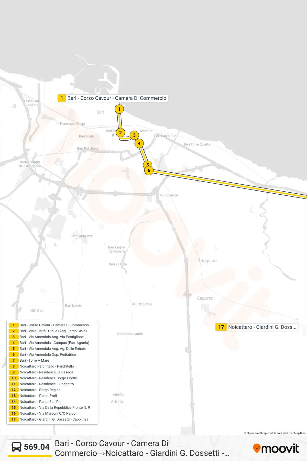 Linea 569.04 bus (Bari - Corso Cavour - Camera Di Commercio→Noicattaro - Giardini G. Dossetti - Capolinea) - Percorsi e fermate sulla mappa