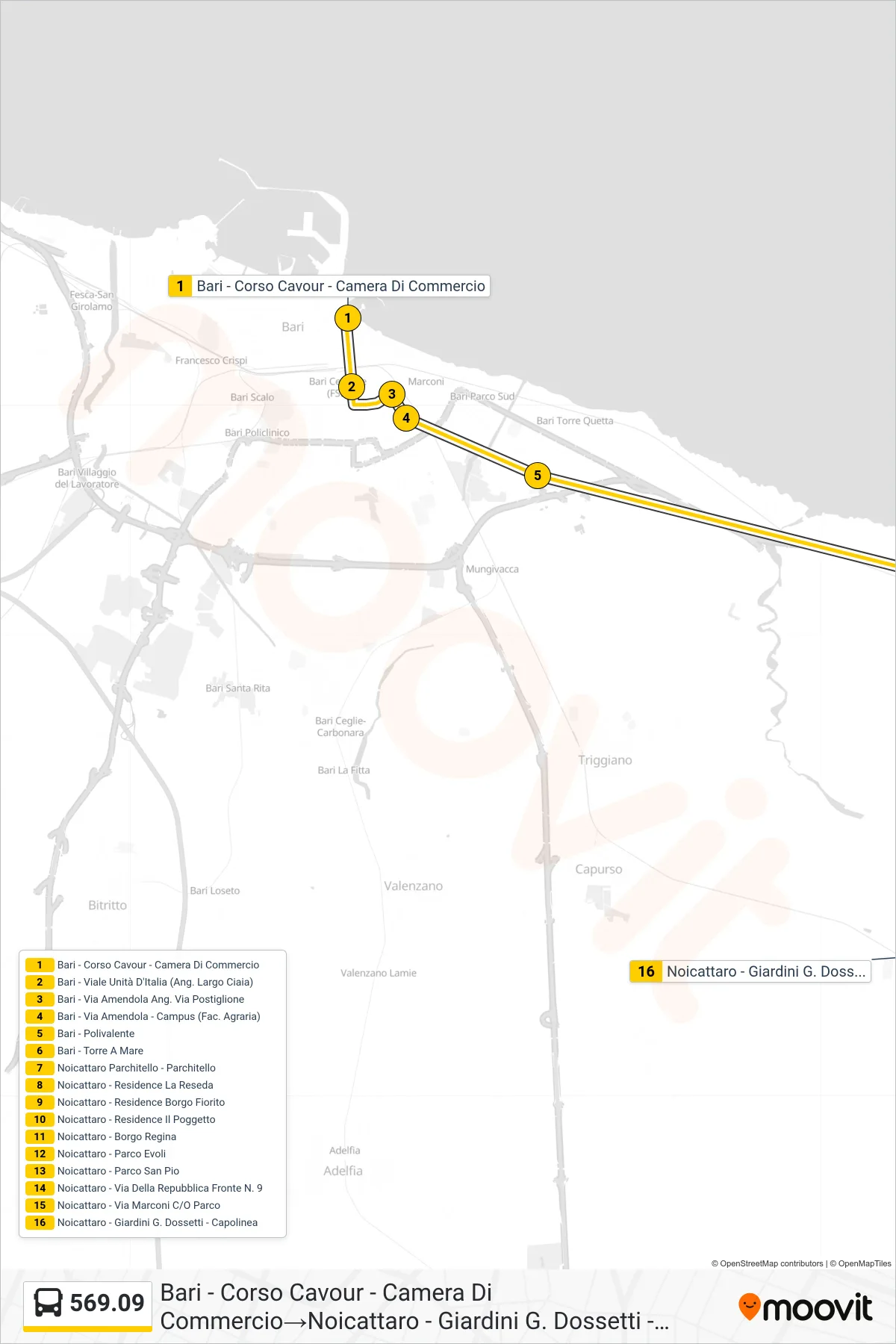 Linea 569.09 bus (Bari - Corso Cavour - Camera Di Commercio→Noicattaro - Giardini G. Dossetti - Capolinea) - Percorsi e fermate sulla mappa