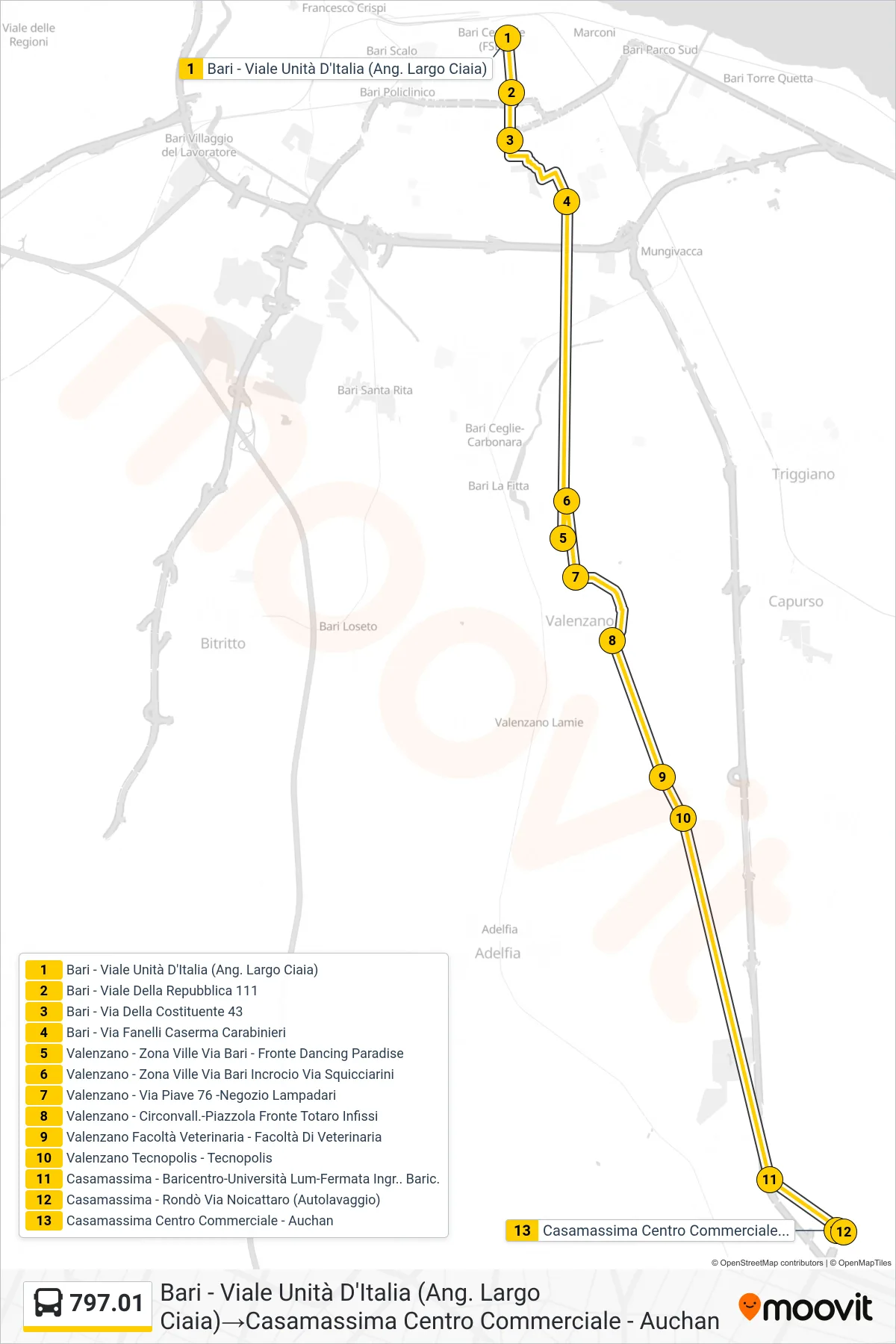 Linea 797.01  bus (Bari - Viale  Unità D'Italia (Ang. Largo Ciaia)‎→Casamassima Centro Commerciale - Auchan) - Percorsi e fermate sulla mappa