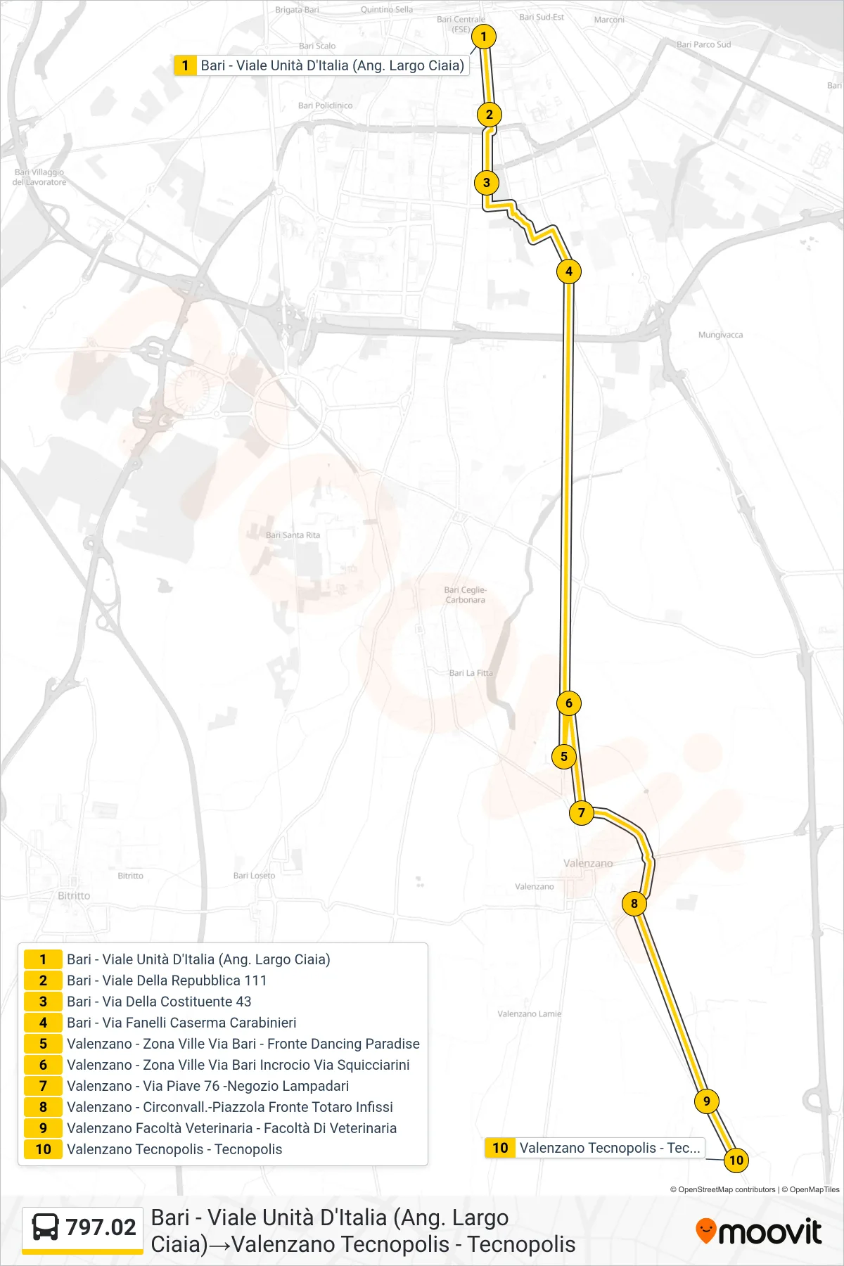 Linea 797.02 bus (Bari - Viale Unità D'Italia (Ang. Largo Ciaia)→Valenzano Tecnopolis - Tecnopolis) - Percorsi e fermate sulla mappa