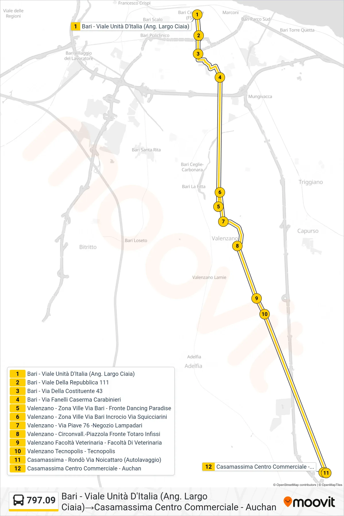 Linea 797.09 bus (Bari - Viale Unità D'Italia (Ang. Largo Ciaia)→Casamassima Centro Commerciale - Auchan) - Percorsi e fermate sulla mappa