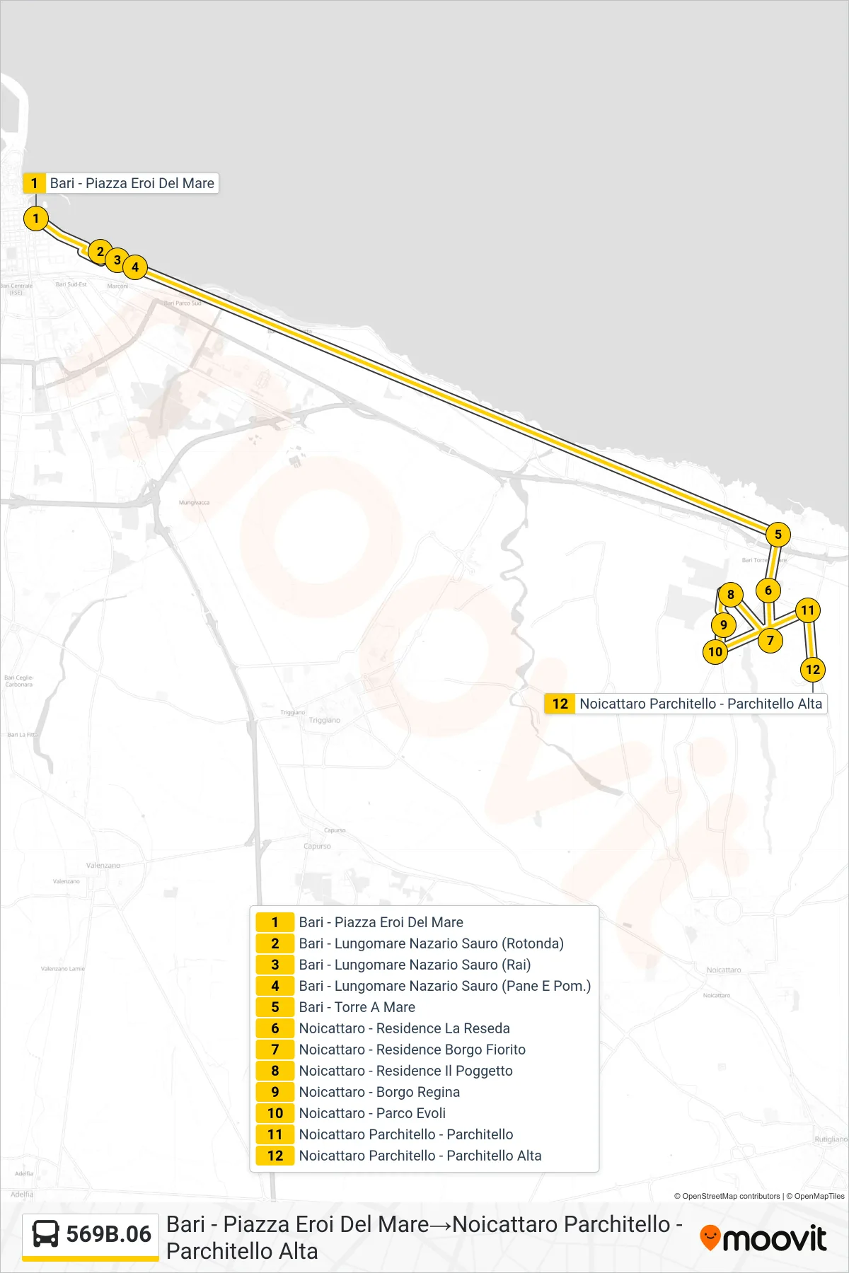 Linea 569B.06  bus (Bari - Piazza Eroi Del Mare‎→Noicattaro Parchitello - Parchitello Alta) - Percorsi e fermate sulla mappa