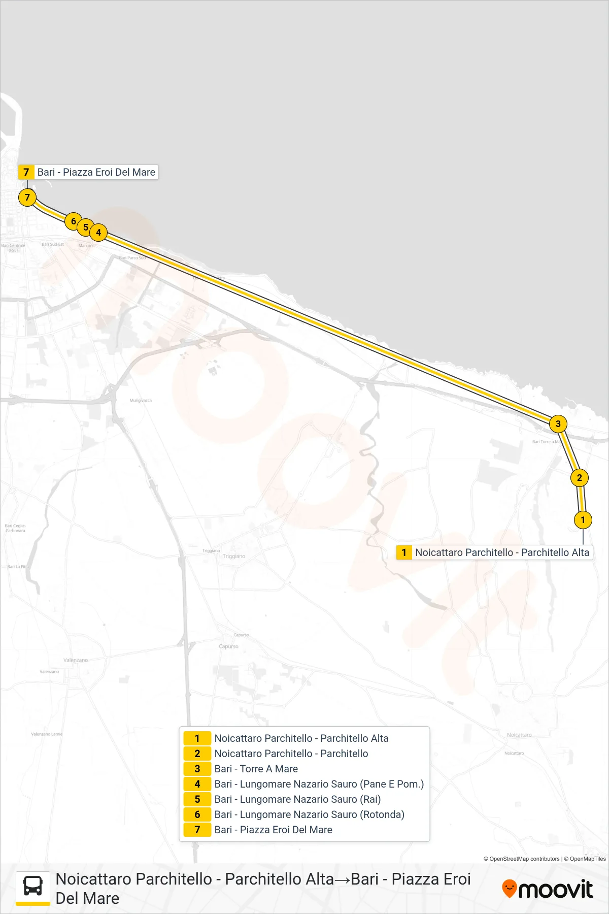 Linea 569BR.02 bus (Noicattaro Parchitello - Parchitello Alta→Bari - Piazza Eroi Del Mare) - Percorsi e fermate sulla mappa