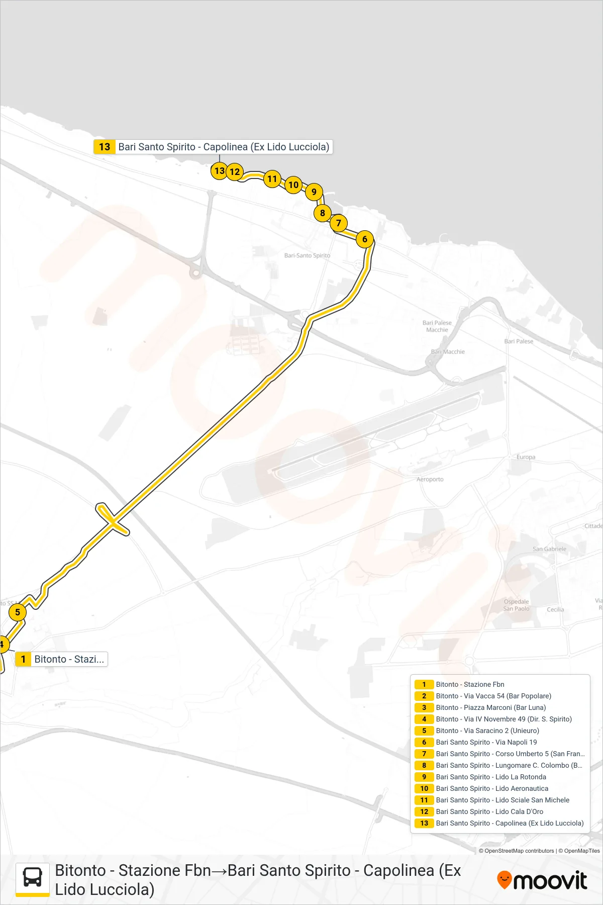 Linea 1002.21SET bus (Bitonto - Stazione Fbn→Bari Santo Spirito - Capolinea (Ex Lido Lucciola)) - Percorsi e fermate sulla mappa