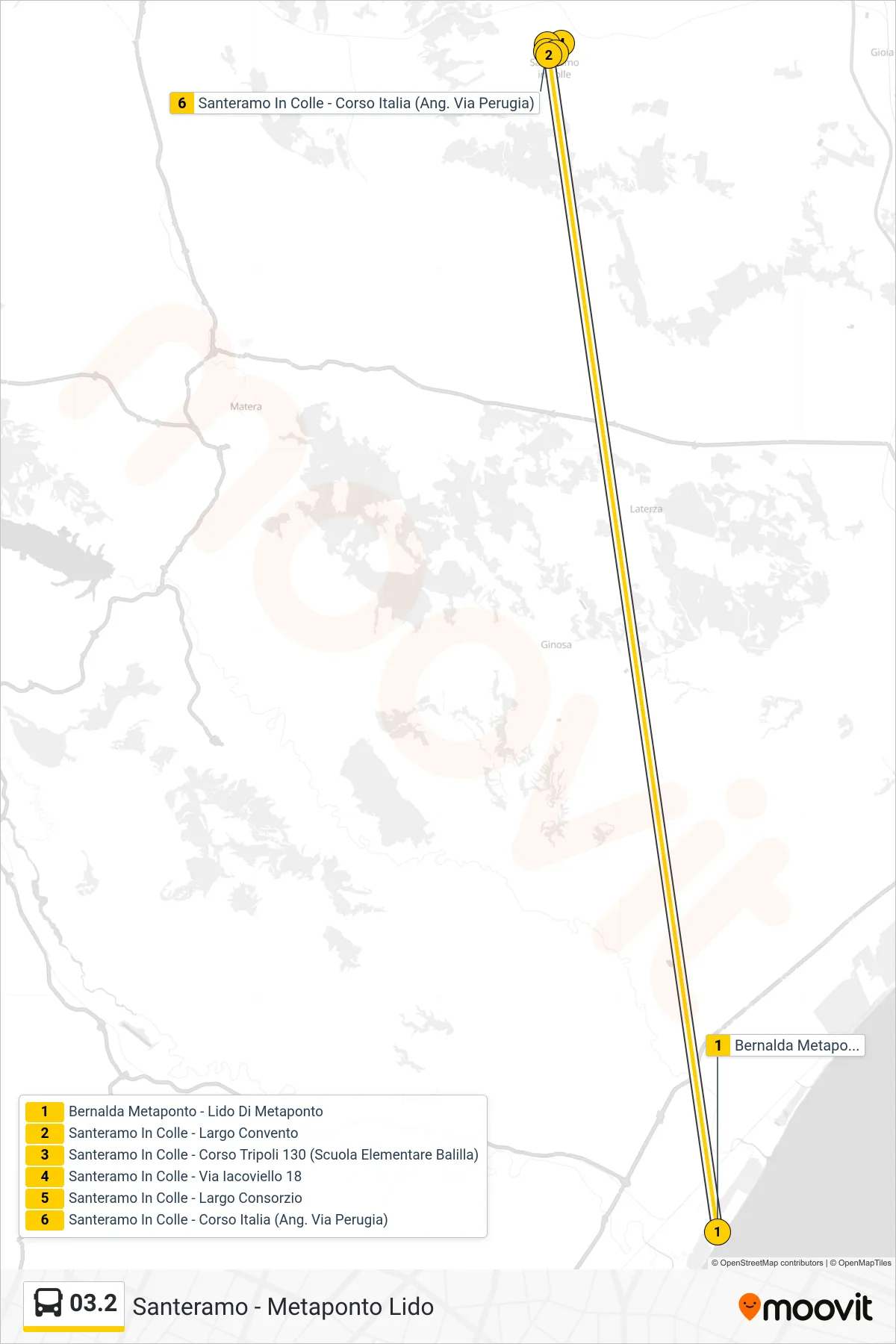 Linea 03.2 bus (Bernalda Metaponto - Lido Di Metaponto→Santeramo In Colle - Corso Italia (Ang. Via Perugia)) - Percorsi e fermate sulla mappa