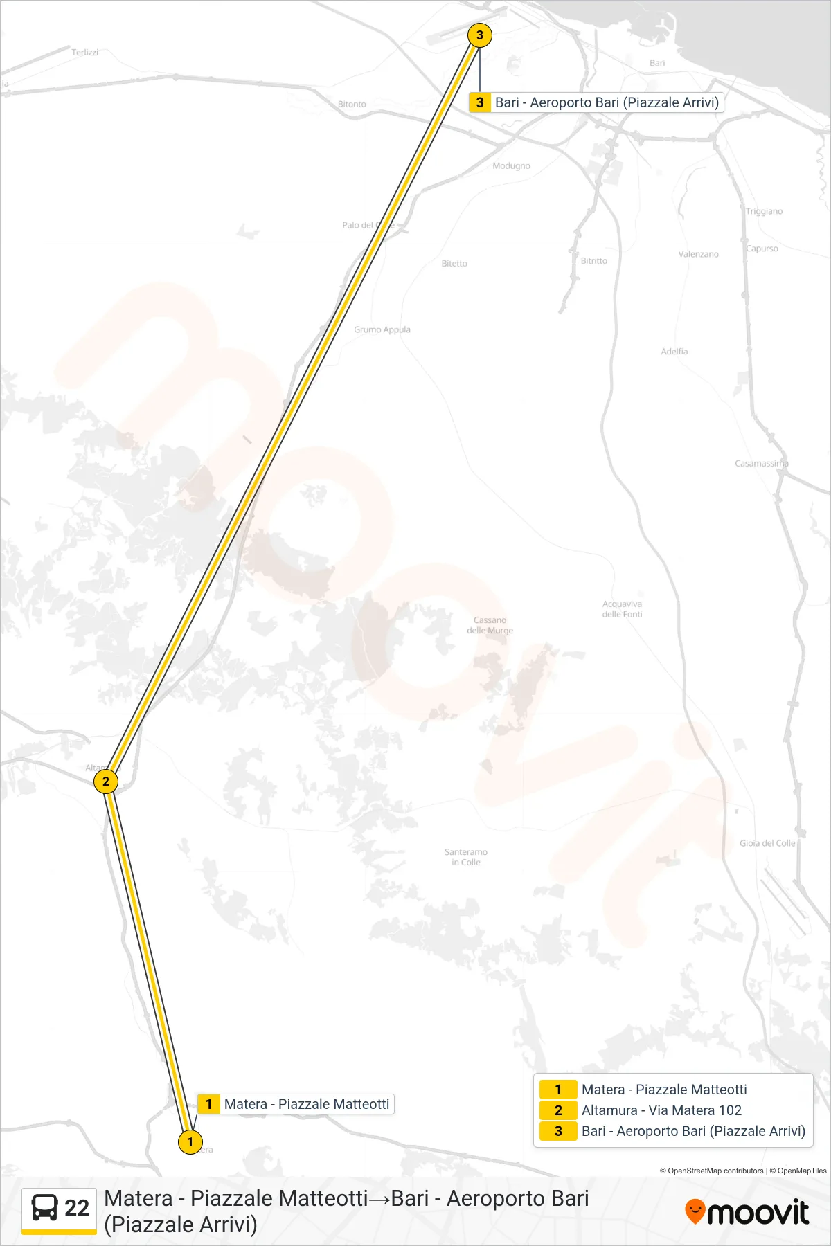 Linea 22  bus (Matera - Piazzale Matteotti‎→Bari - Aeroporto Bari (Piazzale Arrivi)) - Percorsi e fermate sulla mappa