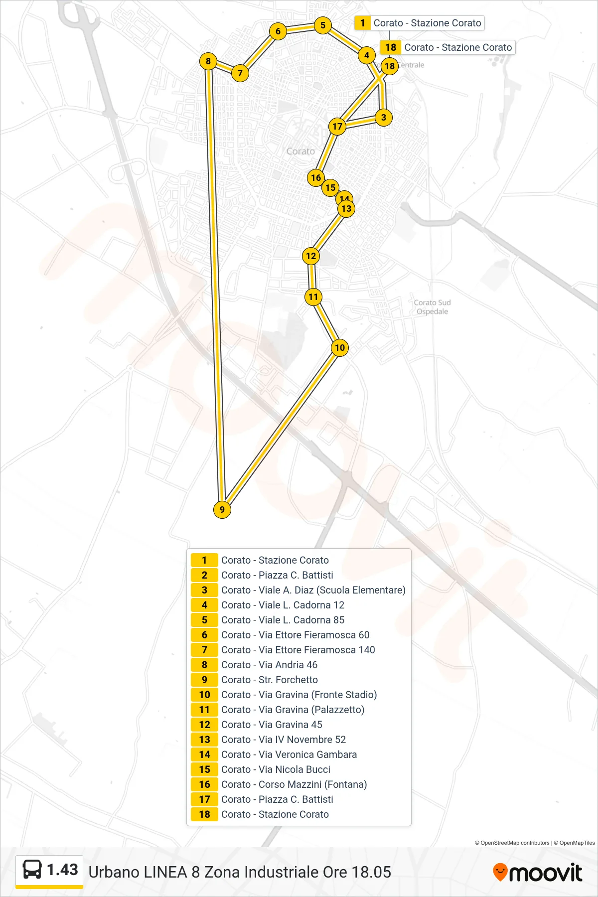 Linea 1.43  bus (Corato - Stazione Corato‎→Corato - Stazione Corato) - Percorsi e fermate sulla mappa