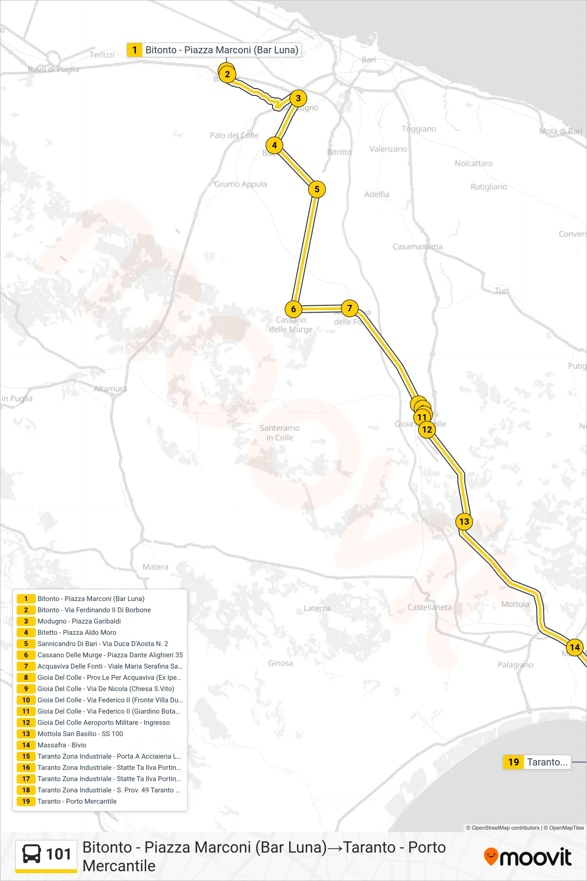 Linea 101 bus (Bitonto - Piazza Marconi (Bar Luna)→Taranto - Porto Mercantile) - Percorsi e fermate sulla mappa