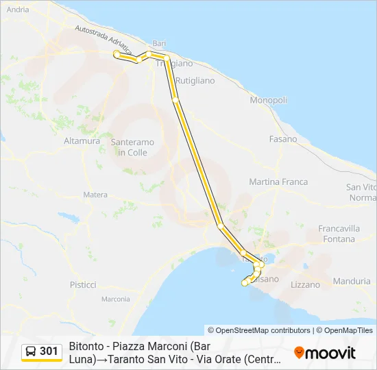 Linea 301: orari, fermate e mappe - Bitonto - Piazza Marconi (Bar Luna ...
