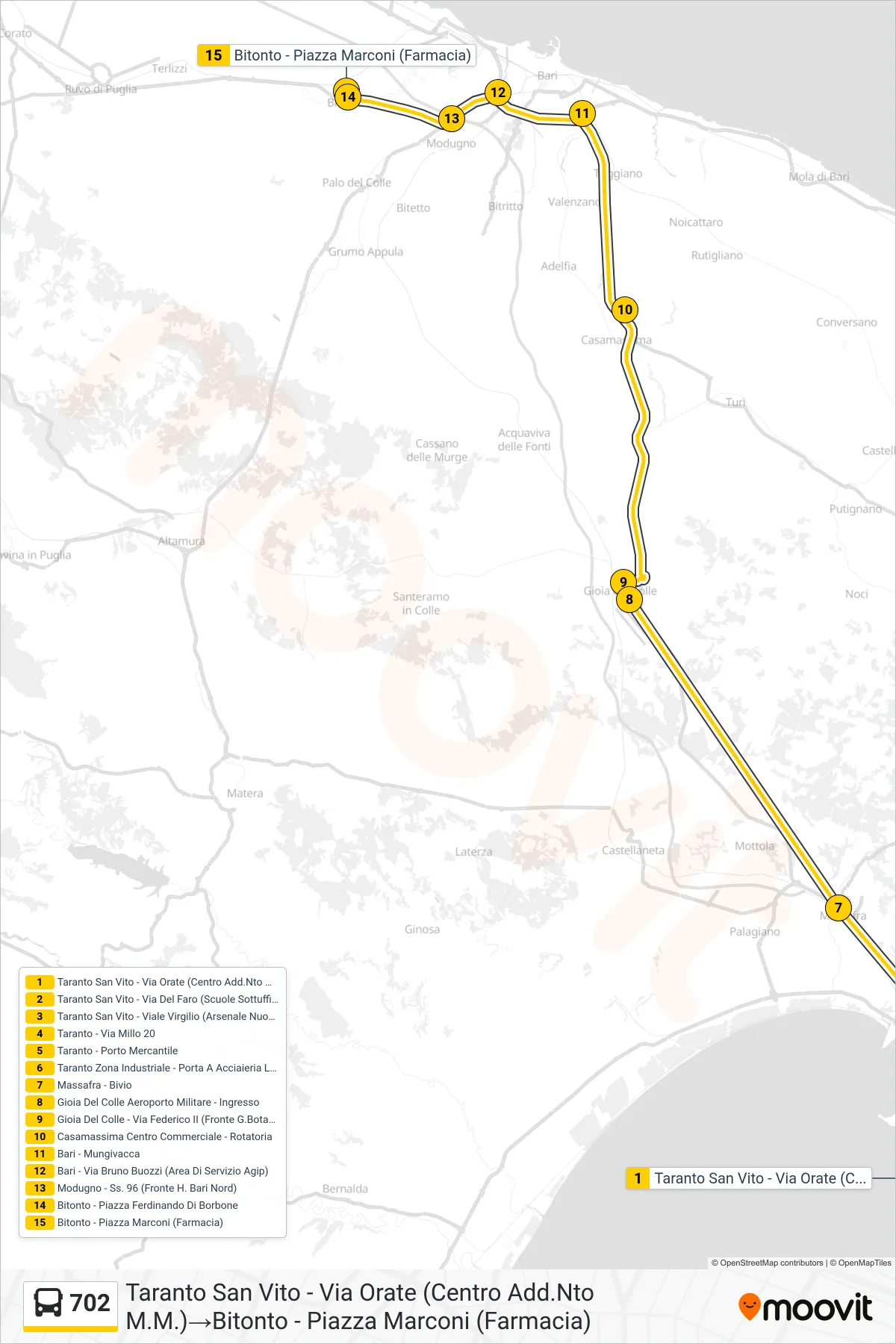 Linea 702 bus (Taranto San Vito - Via Orate (Centro Add.Nto M.M.)→Bitonto - Piazza Marconi (Farmacia)) - Percorsi e fermate sulla mappa