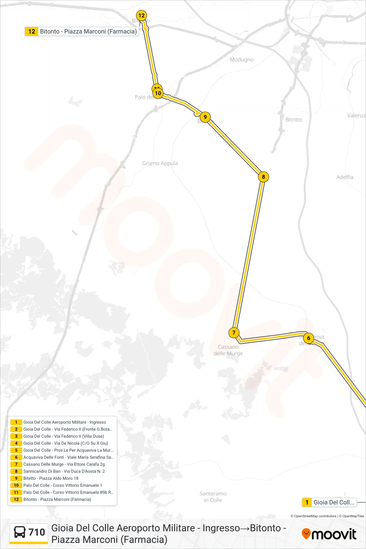 Linea 710  bus (Gioia Del Colle Aeroporto Militare - Ingresso‎→Bitonto - Piazza Marconi (Farmacia)) - Percorsi e fermate sulla mappa