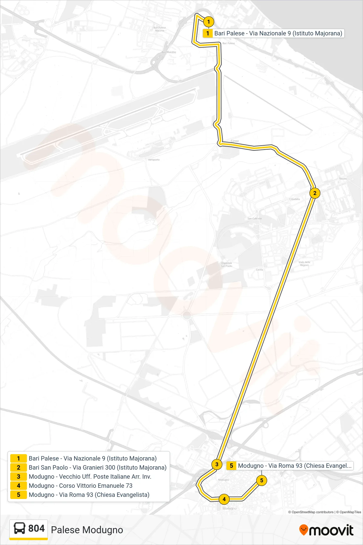 Linea 804  bus (Bari Palese - Via Nazionale 9 (Istituto Majorana)‎→Modugno - Via Roma 93 (Chiesa Evangelista)) - Percorsi e fermate sulla mappa