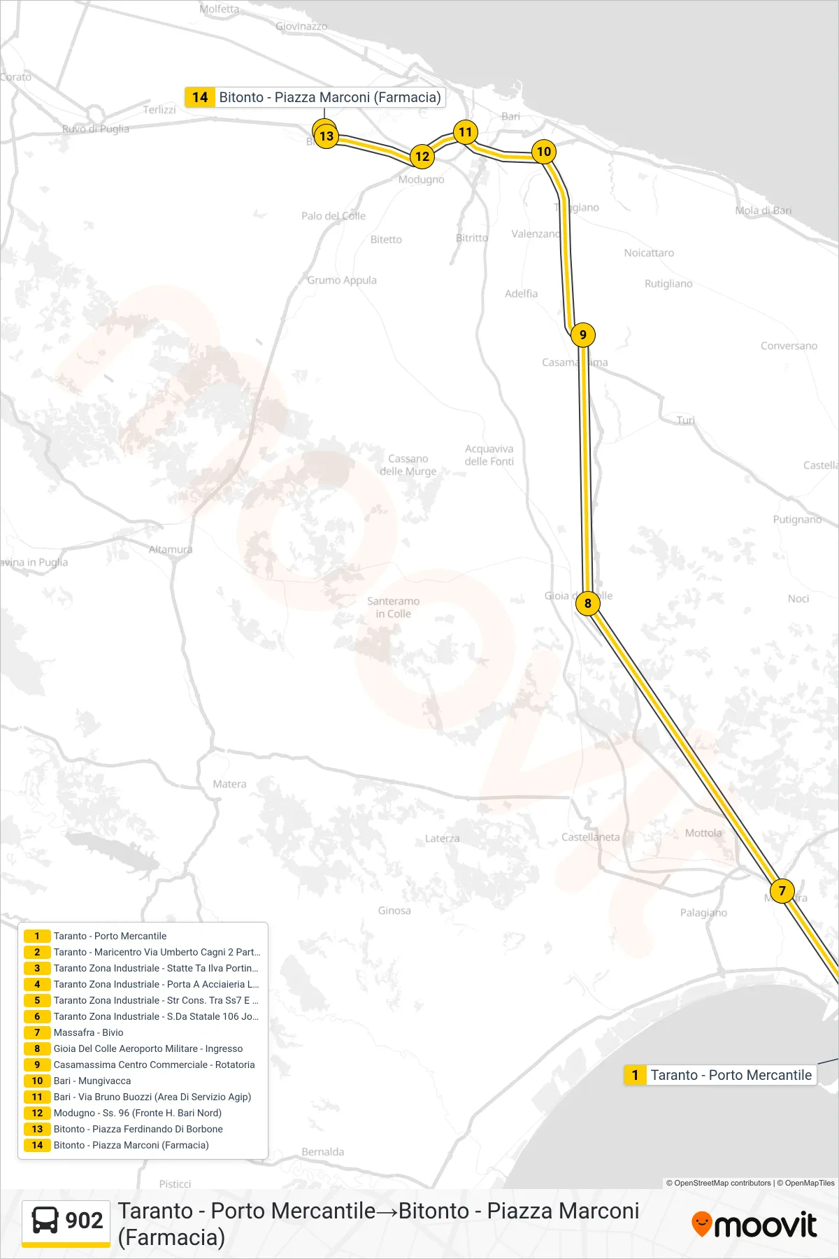 Linea 902 bus (Taranto - Porto Mercantile→Bitonto - Piazza Marconi (Farmacia)) - Percorsi e fermate sulla mappa