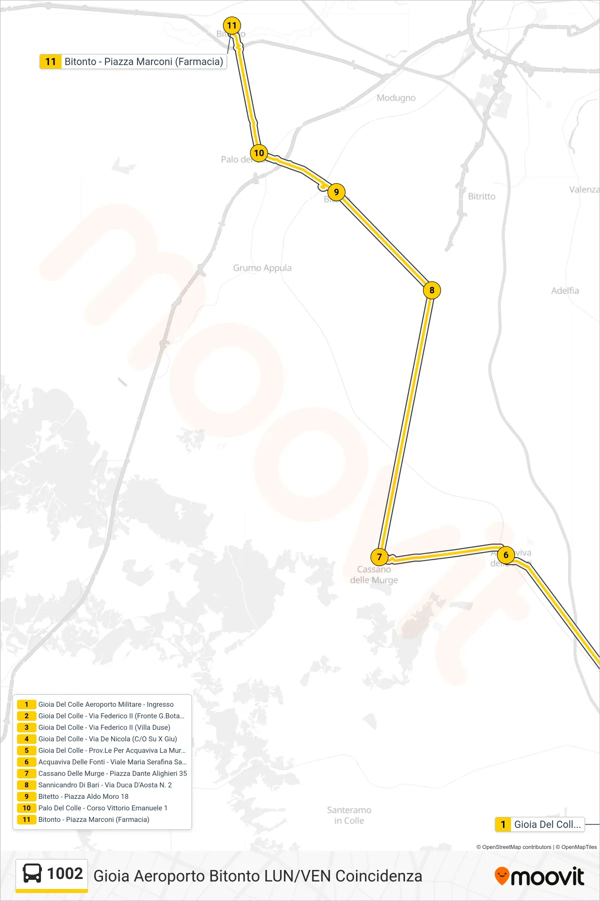 Linea 1002 bus (Gioia Del Colle Aeroporto Militare - Ingresso→Bitonto - Piazza Marconi (Farmacia)) - Percorsi e fermate sulla mappa