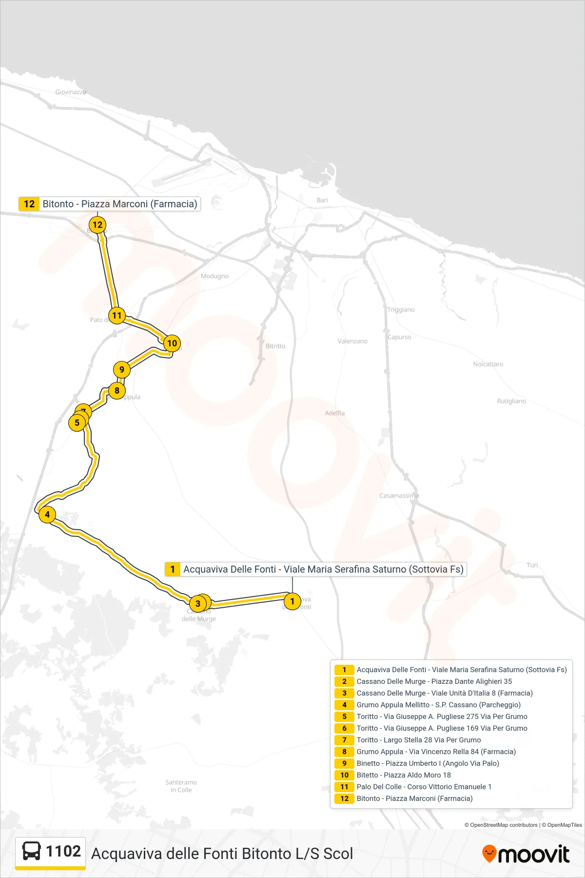 Linea 1102 bus (Acquaviva Delle Fonti - Viale Maria Serafina Saturno (Sottovia Fs)→Bitonto - Piazza Marconi (Farmacia)) - Percorsi e fermate sulla mappa