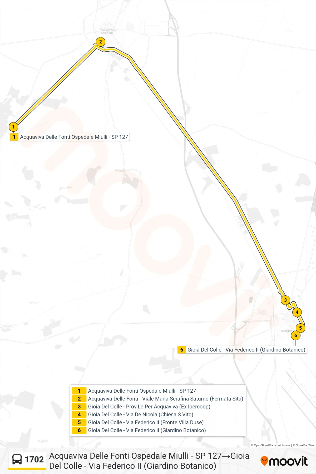 Linea 1702  bus (Acquaviva Delle Fonti Ospedale Miulli - SP 127‎→Gioia Del Colle - Via Federico II (Giardino Botanico)) - Percorsi e fermate sulla mappa