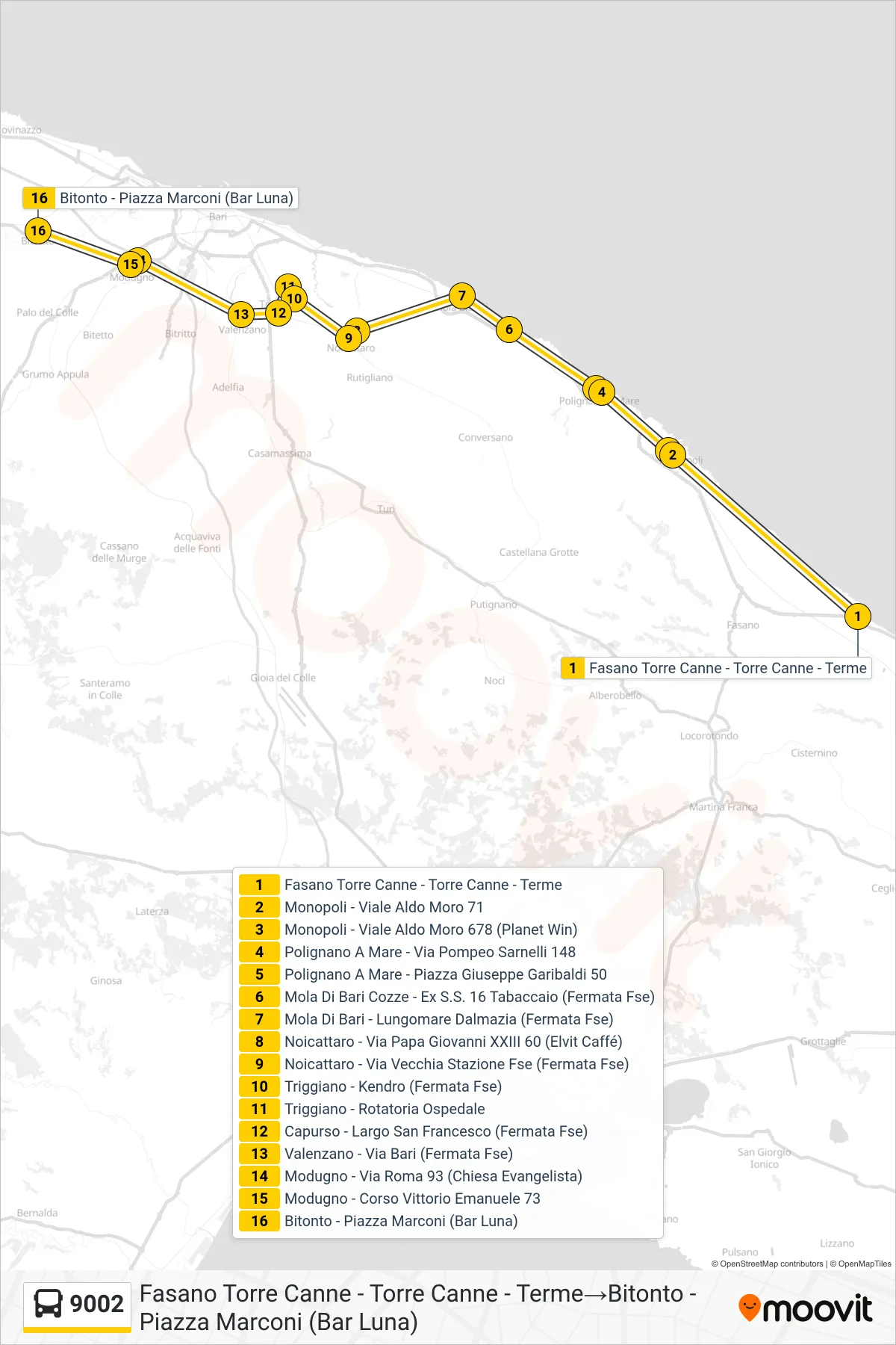 Linea 9002 bus (Fasano Torre Canne - Torre Canne - Terme→Bitonto - Piazza Marconi (Bar Luna)) - Percorsi e fermate sulla mappa