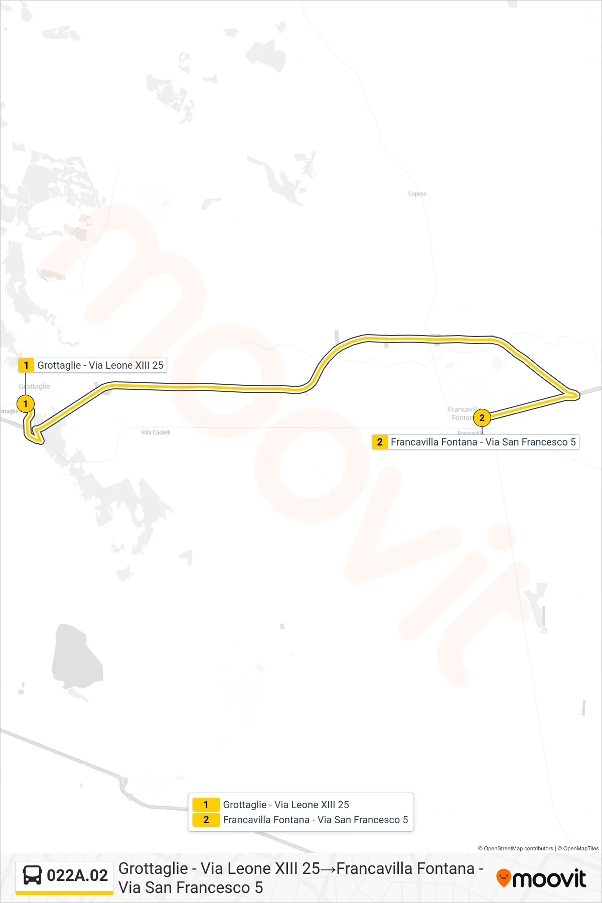 Linea 022A.02  bus (Grottaglie - Via Leone XIII 25‎→Francavilla Fontana - Via San Francesco 5) - Percorsi e fermate sulla mappa