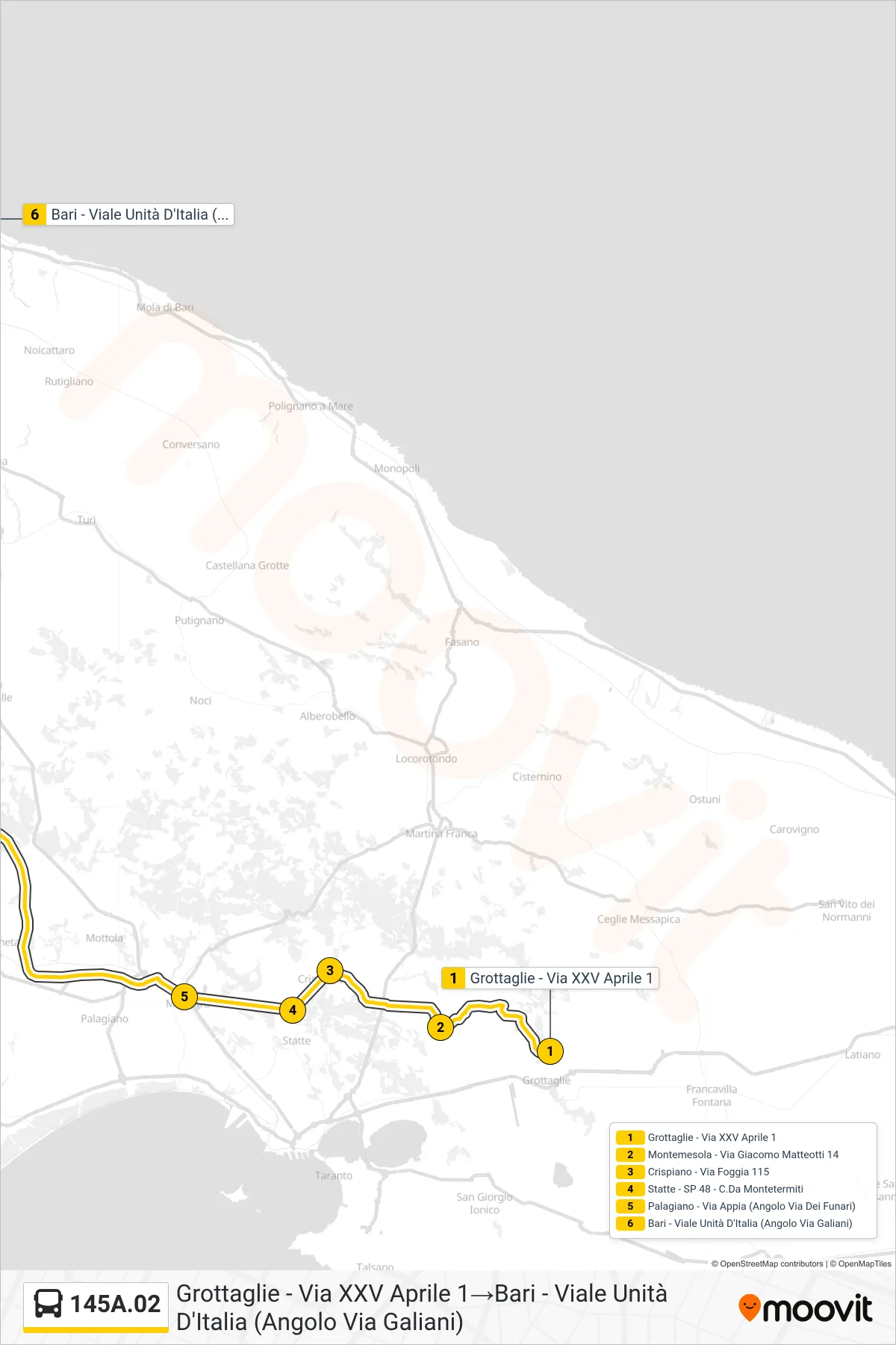 Linea 145A.02 bus (Grottaglie - Via XXV Aprile 1→Bari - Viale Unità D'Italia (Angolo Via Galiani)) - Percorsi e fermate sulla mappa