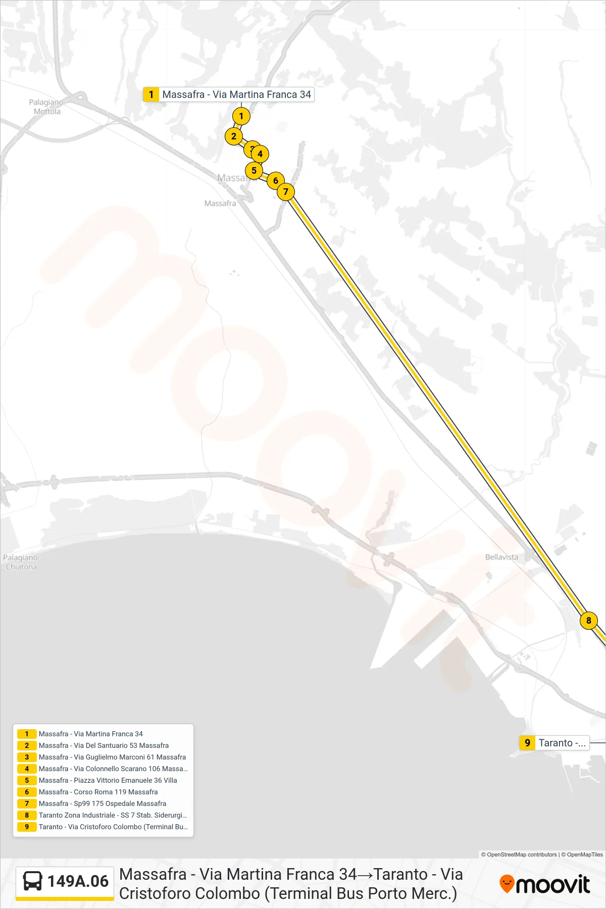 Linea 149A.06 bus (Massafra - Via Martina Franca 34→Taranto - Via Cristoforo Colombo (Terminal Bus Porto Merc.)) - Percorsi e fermate sulla mappa