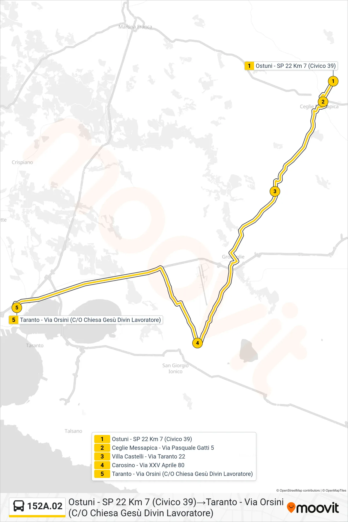 Linea 152A.02 bus (Ostuni - SP 22 Km 7 (Civico 39)→Taranto - Via Orsini (C/O Chiesa Gesù Divin Lavoratore)) - Percorsi e fermate sulla mappa
