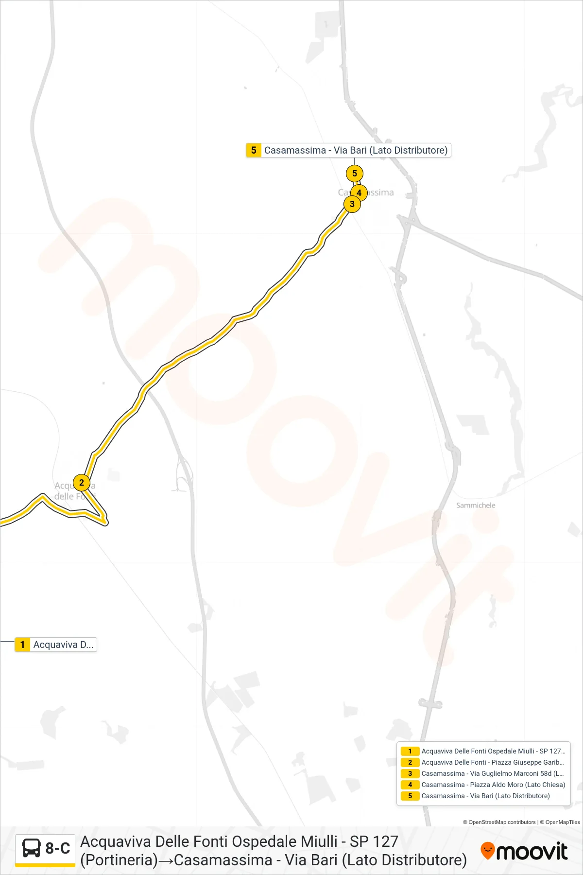 Linea 8-C  bus (Acquaviva Delle Fonti Ospedale Miulli - SP 127 (Portineria)‎→Casamassima - Via Bari (Lato Distributore)) - Percorsi e fermate sulla mappa