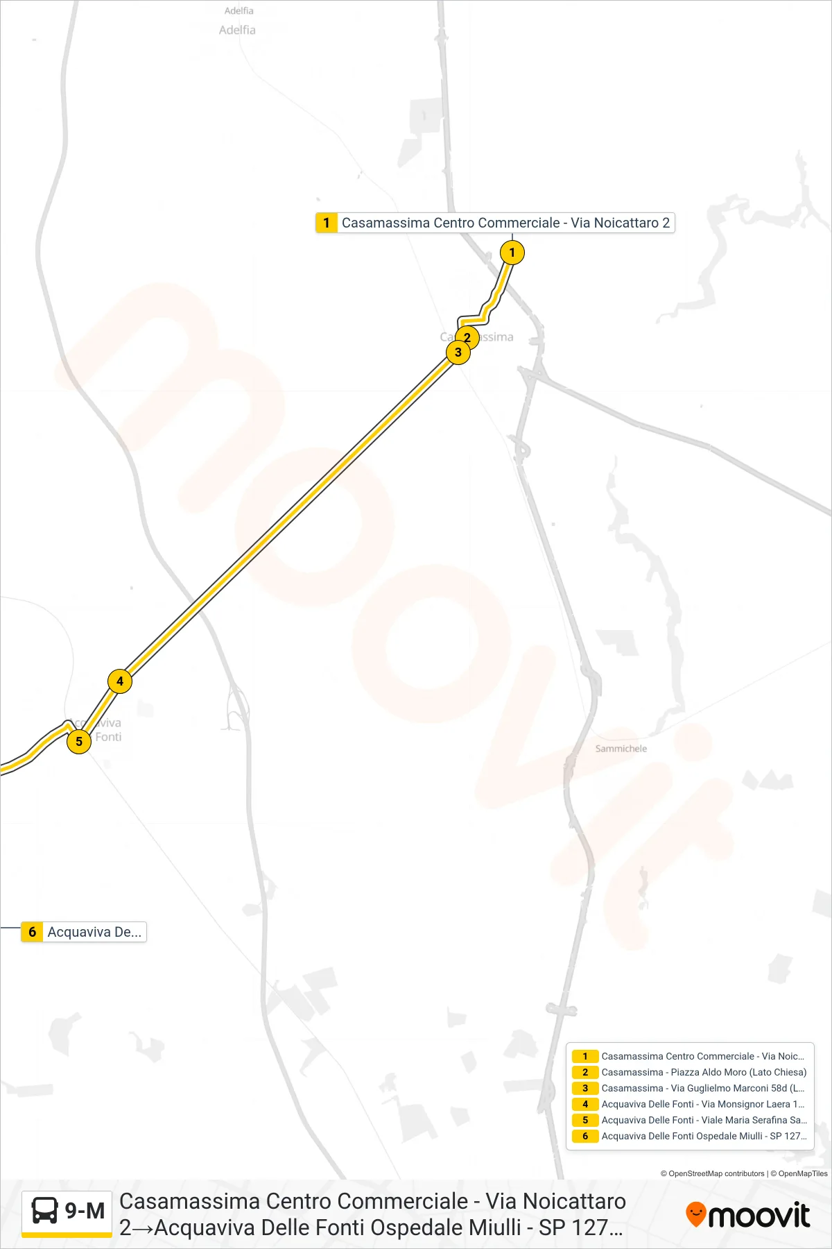 Linea 9-M bus (Casamassima Centro Commerciale - Via Noicattaro 2→Acquaviva Delle Fonti Ospedale Miulli - SP 127 (Portineria)) - Percorsi e fermate sulla mappa