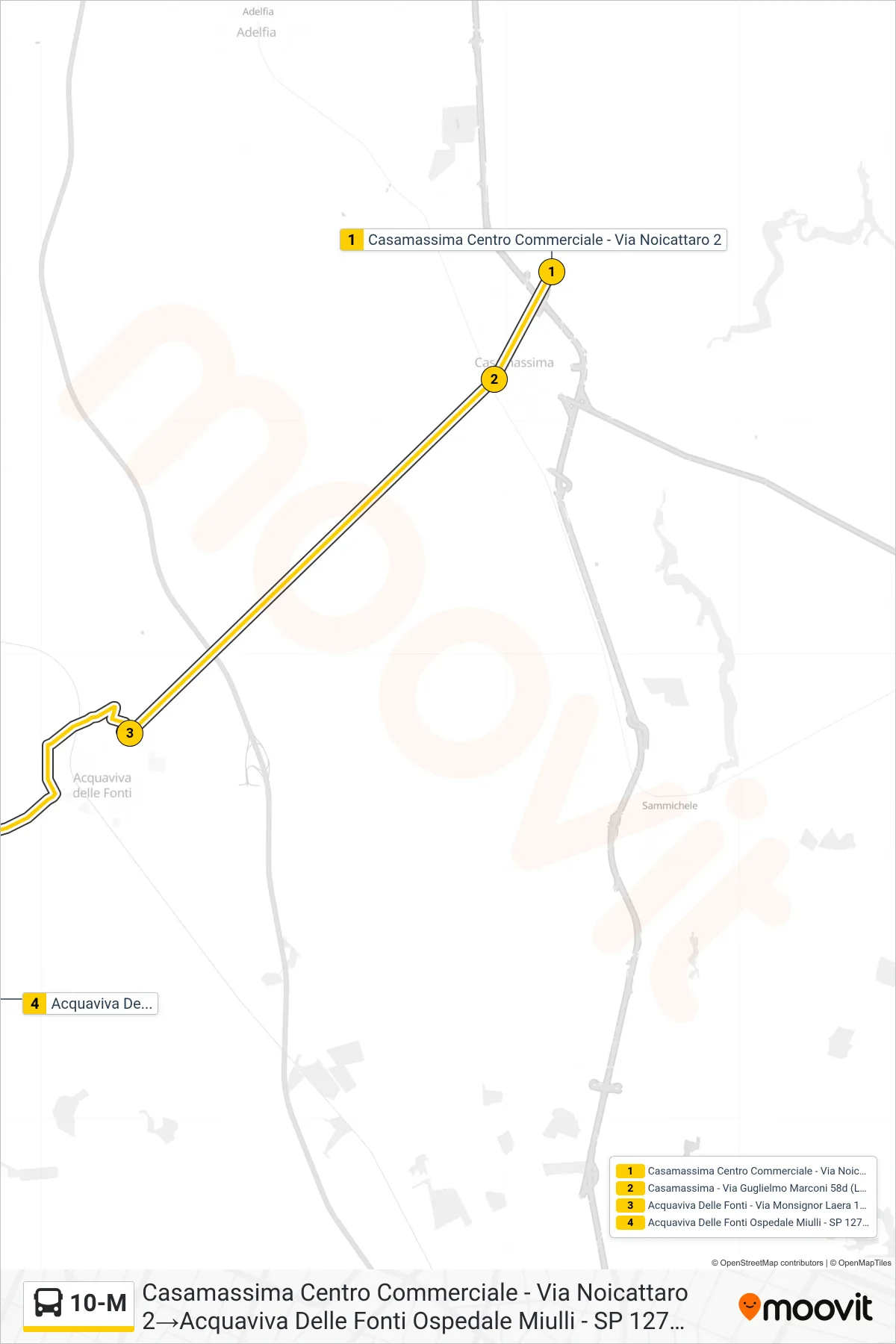 Linea 10-M  bus (Casamassima Centro Commerciale - Via Noicattaro 2‎→Acquaviva Delle Fonti Ospedale Miulli - SP 127 (Portineria)) - Percorsi e fermate sulla mappa