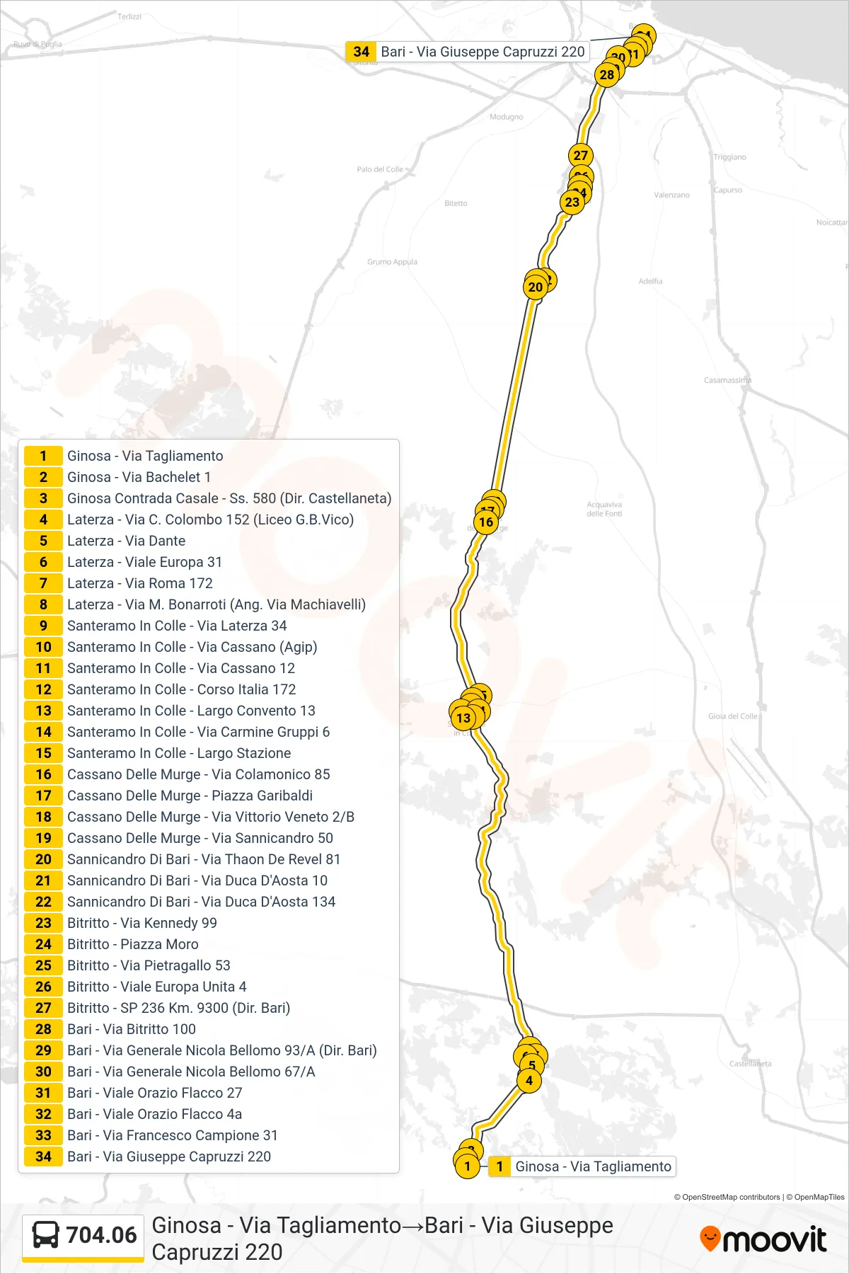 Linea 704.06 bus (Ginosa - Via Tagliamento→Bari - Via Giuseppe Capruzzi 220) - Percorsi e fermate sulla mappa