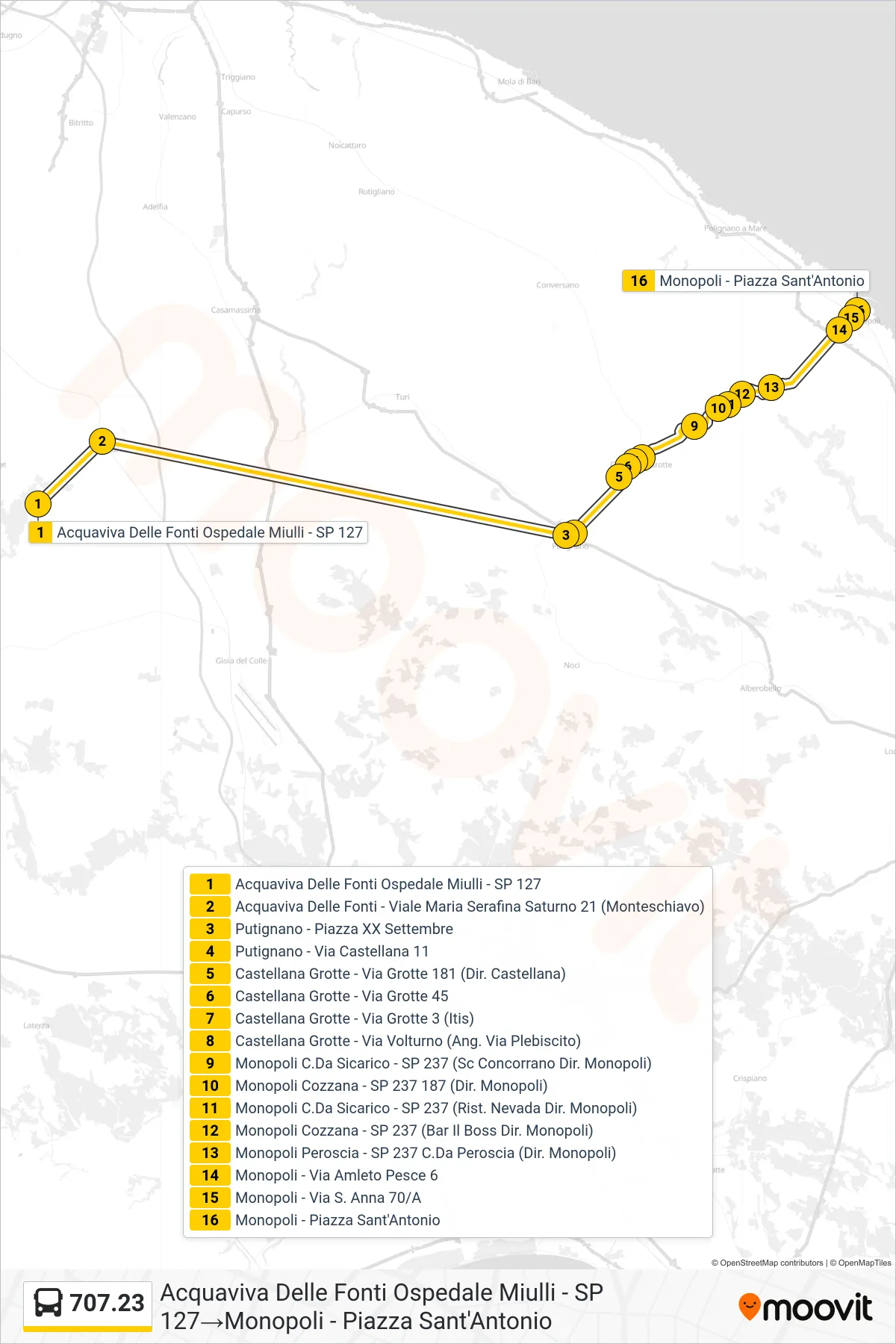 Linea 707.23 bus (Acquaviva Delle Fonti Ospedale Miulli - SP 127→Monopoli - Piazza Sant'Antonio) - Percorsi e fermate sulla mappa