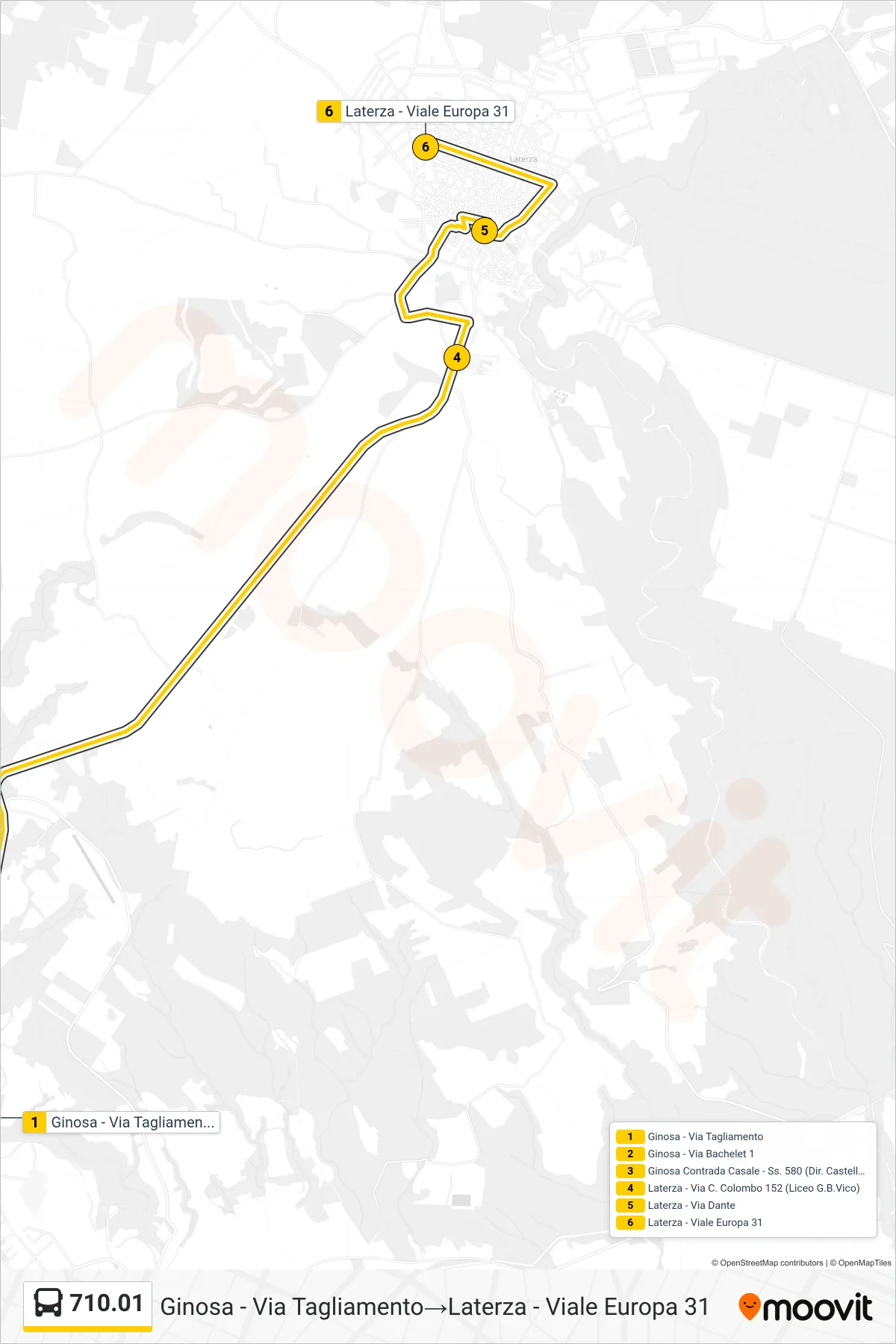Linea 710.01 bus (Ginosa - Via Tagliamento→Laterza - Viale Europa 31) - Percorsi e fermate sulla mappa