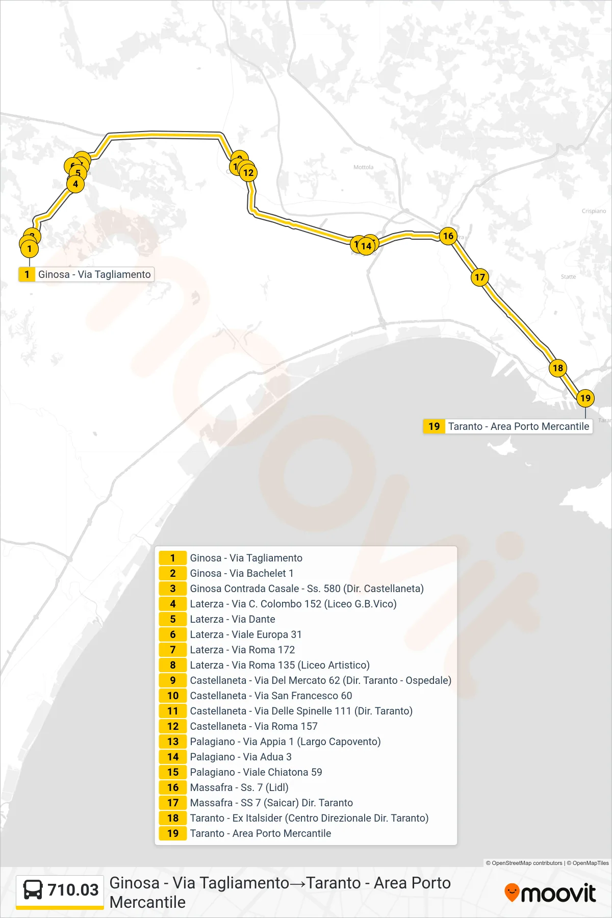 Linea 710.03 bus (Ginosa - Via Tagliamento→Taranto - Area Porto Mercantile) - Percorsi e fermate sulla mappa